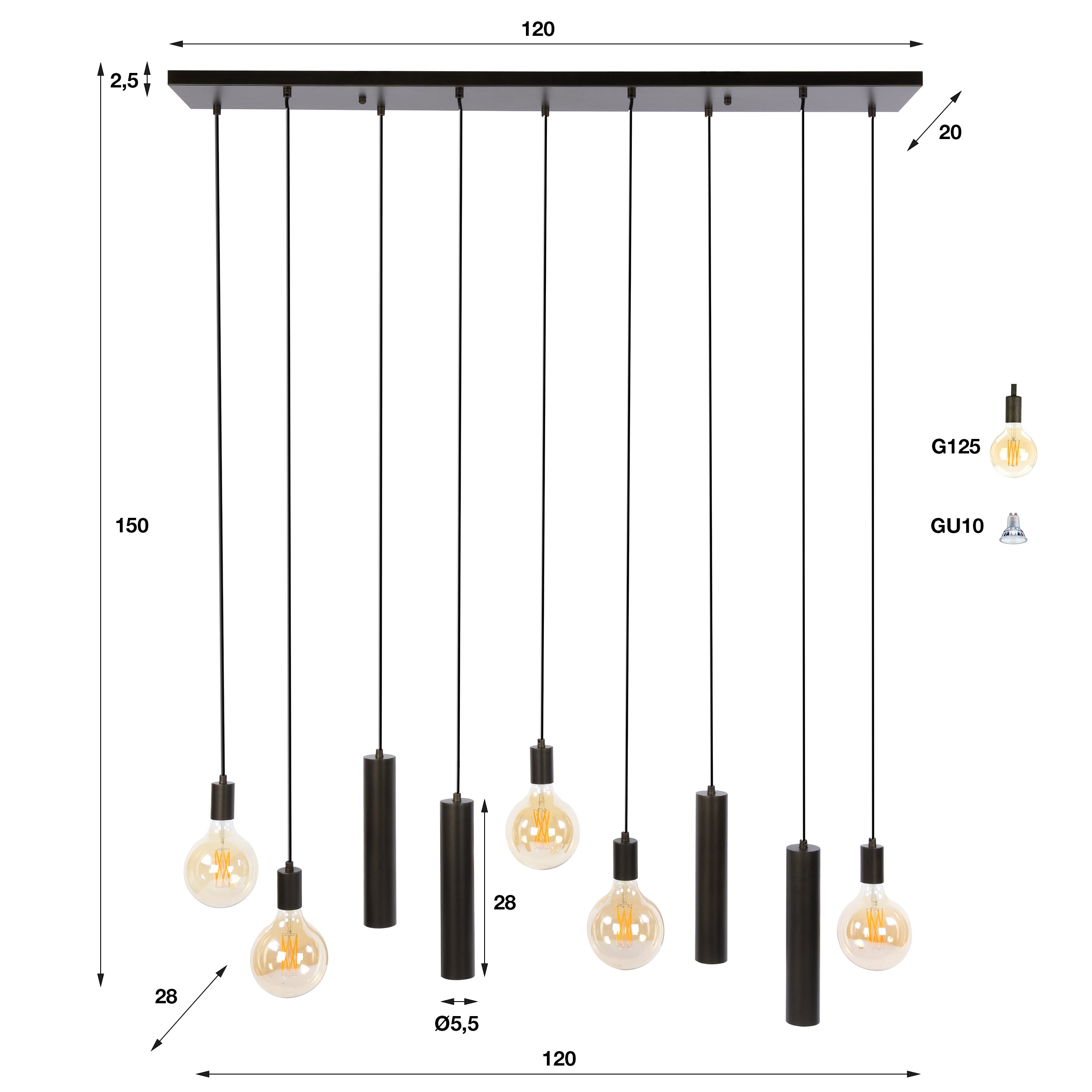 Hanglamp Soley - 9-lichts - Brons - Amberglas - Met Spots