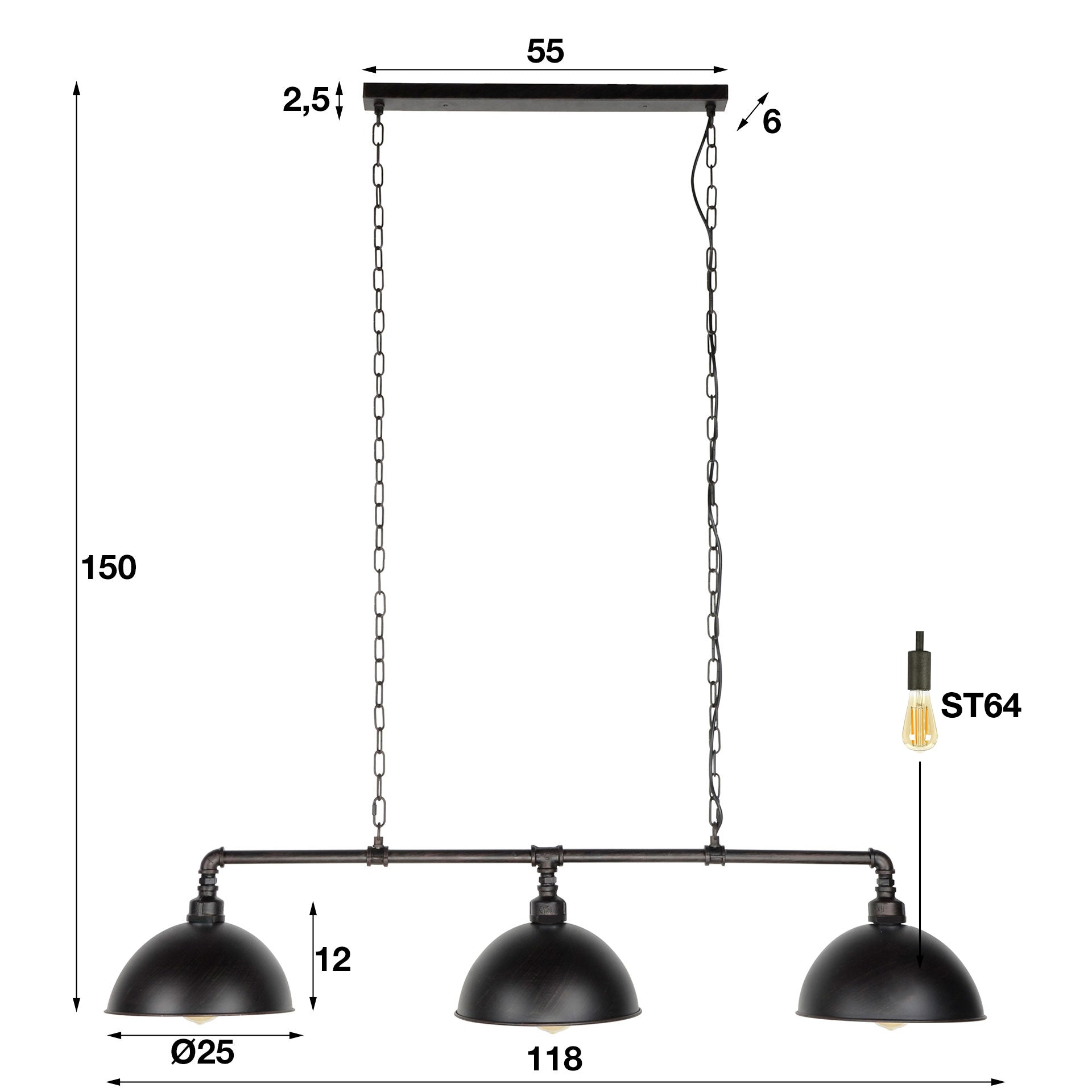 Hanglamp Poppy - 3-lichts - Zwart - Metaal