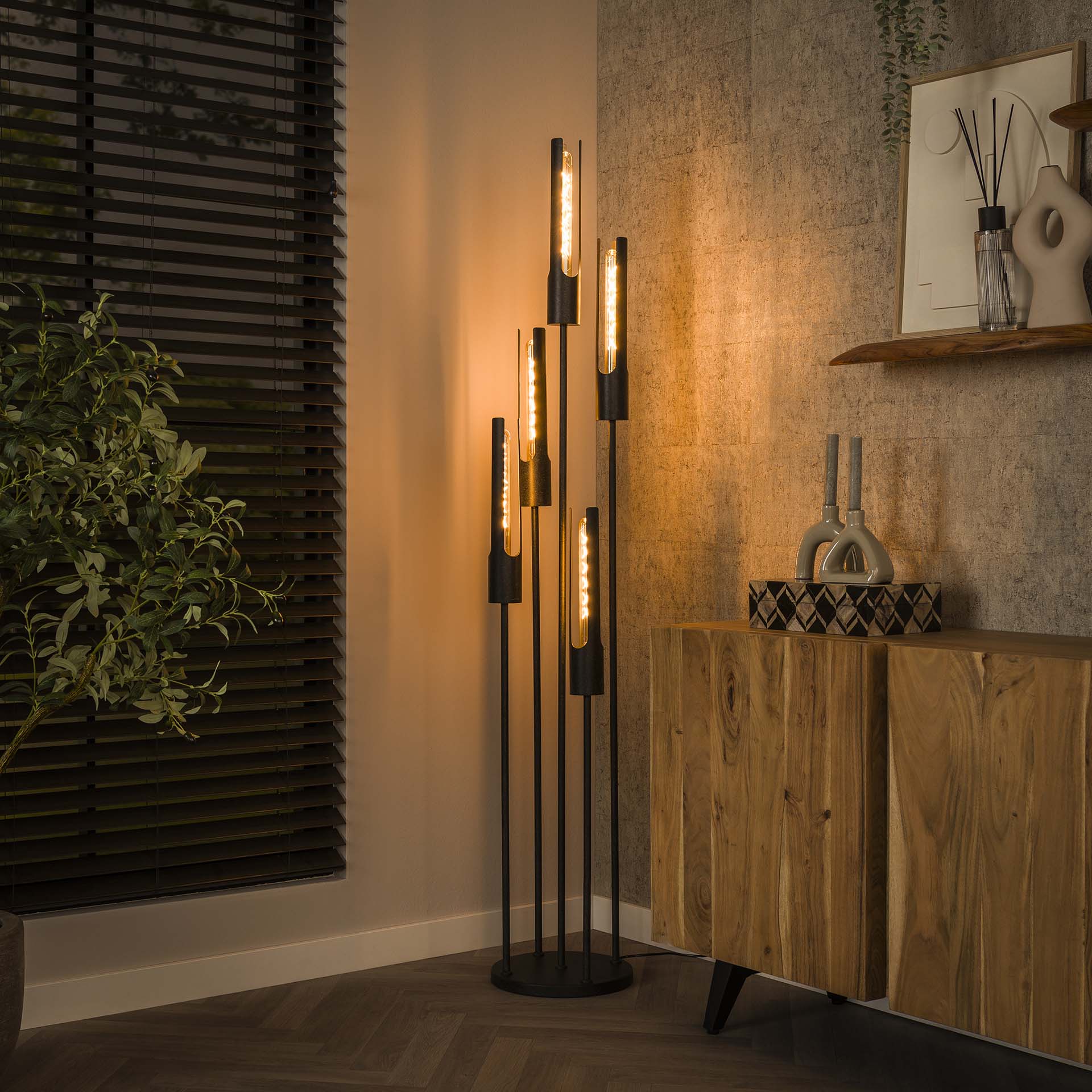 Vloerlamp Lumen - 5-lichts - Zwart - Metaal - 176 cm