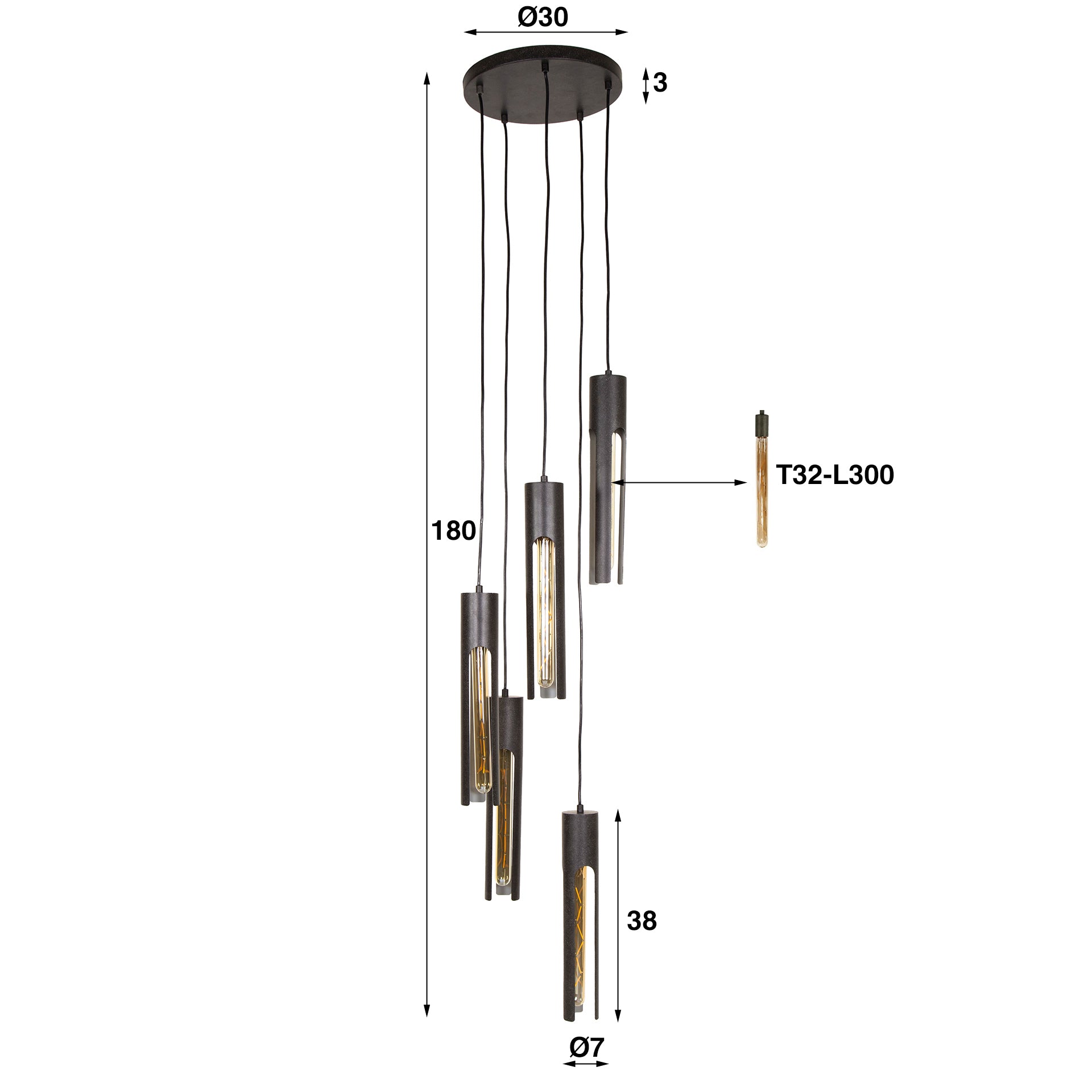 Hanglamp Pulse - 5-lichts - Zwart - Metaal