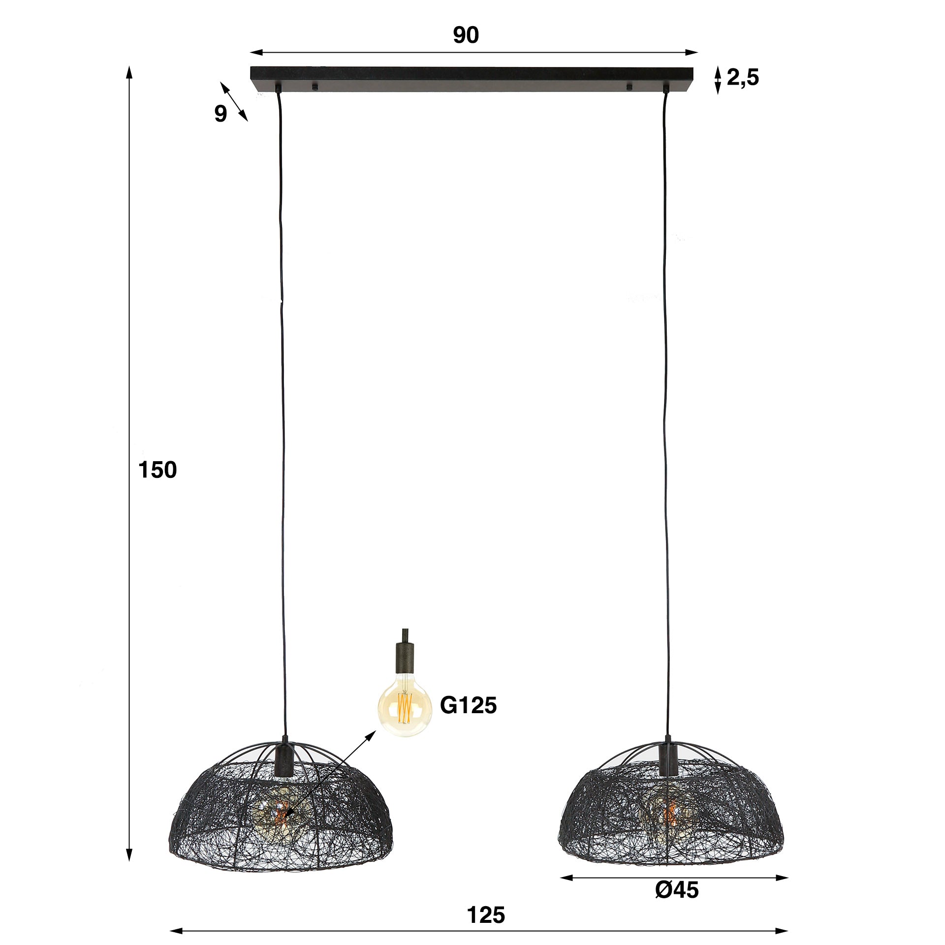 Hanglamp Kellan - 2-lichts - Zwart - Metaal