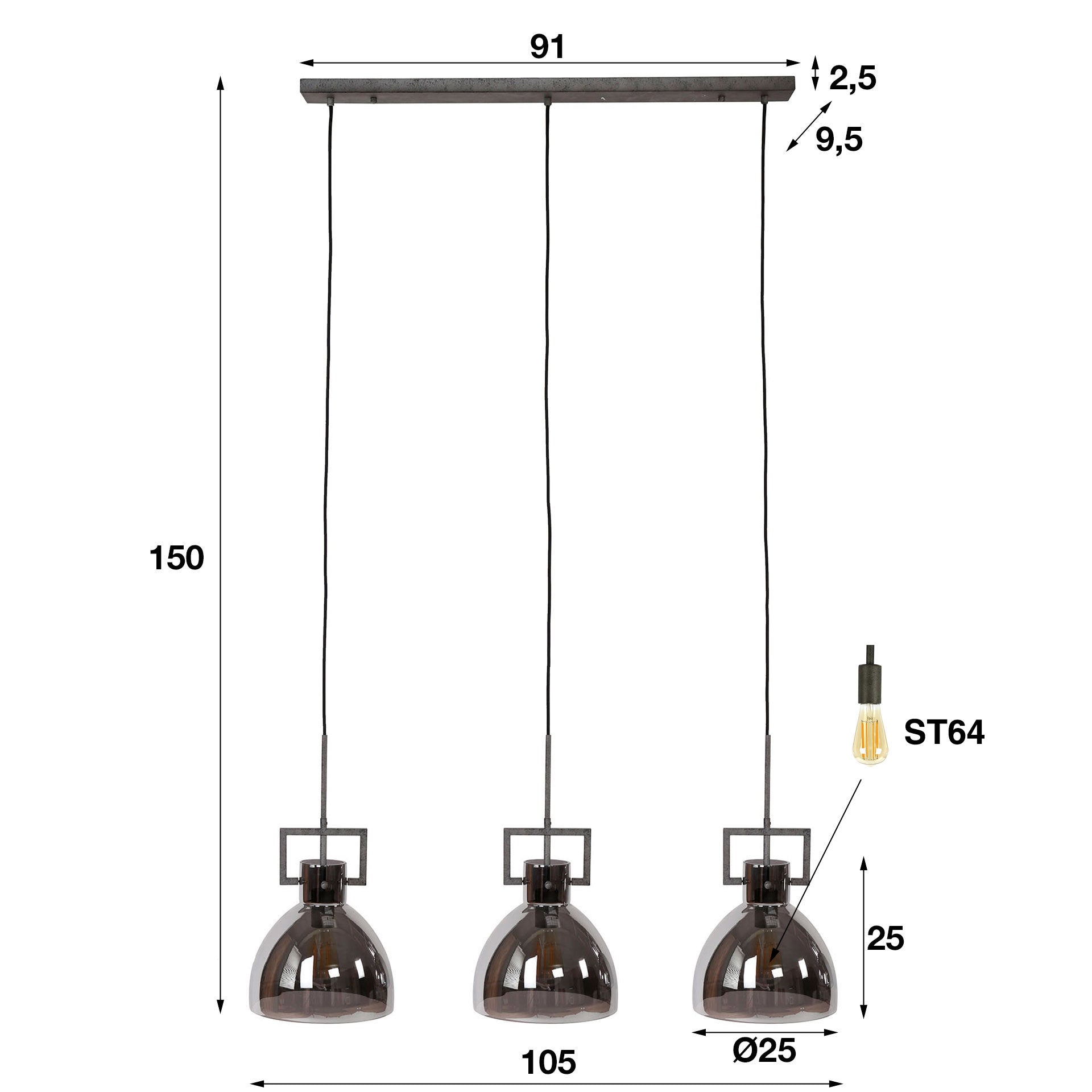 Hanglamp Runa - 3-lichts - Chrome - Glas