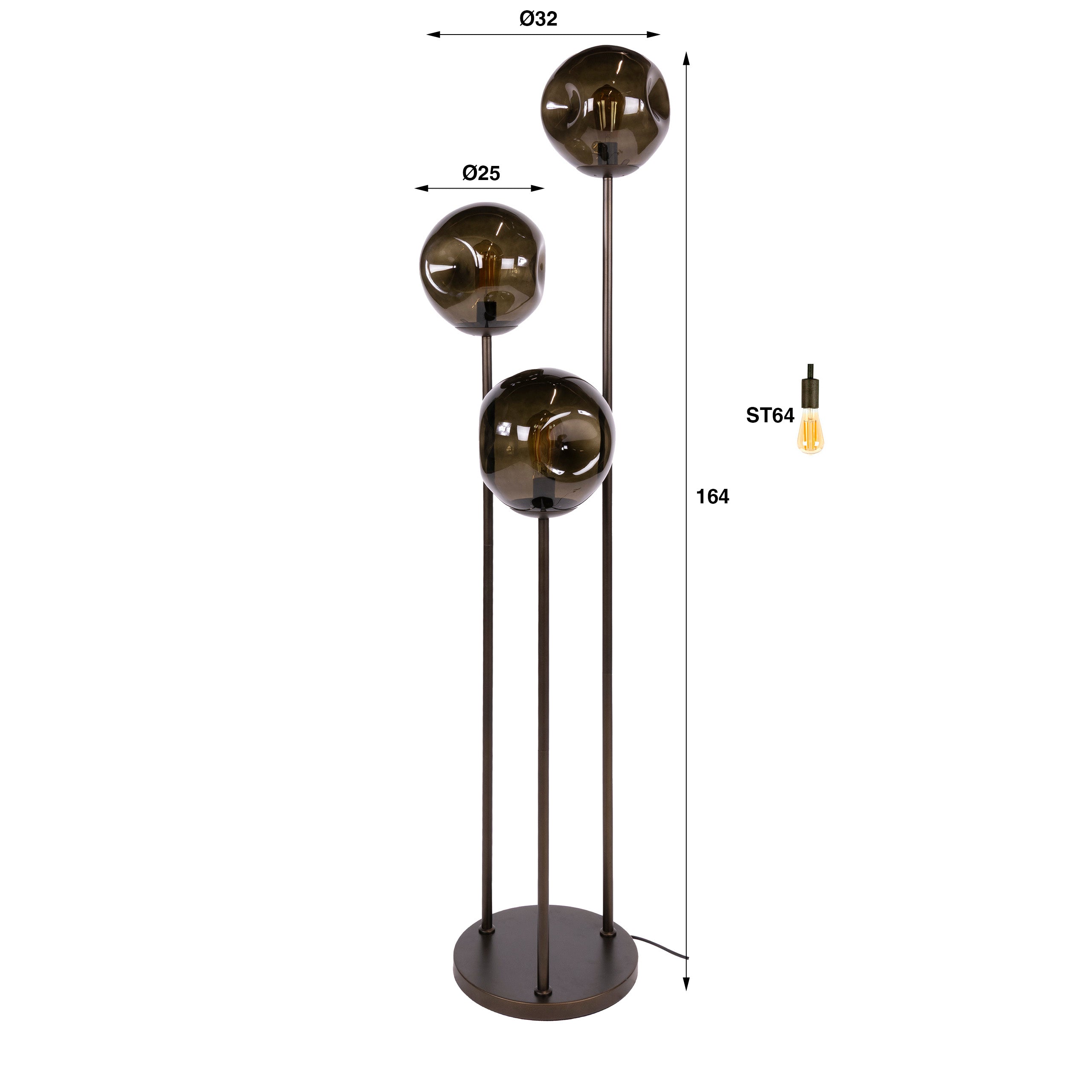 Vloerlamp Bellum - 3-lichts - Brons - Glas - 164 cm