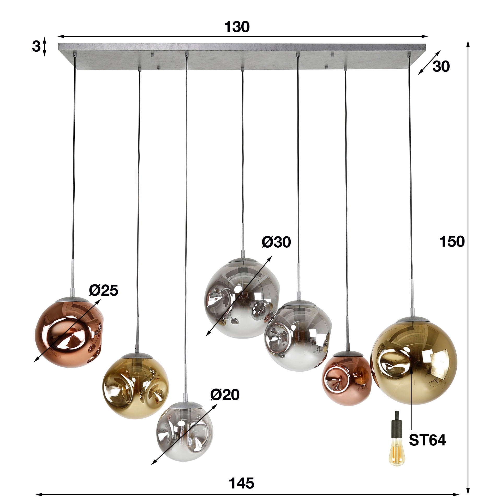 Hanglamp Verity - 7-lichts - Amber Mix - Glas