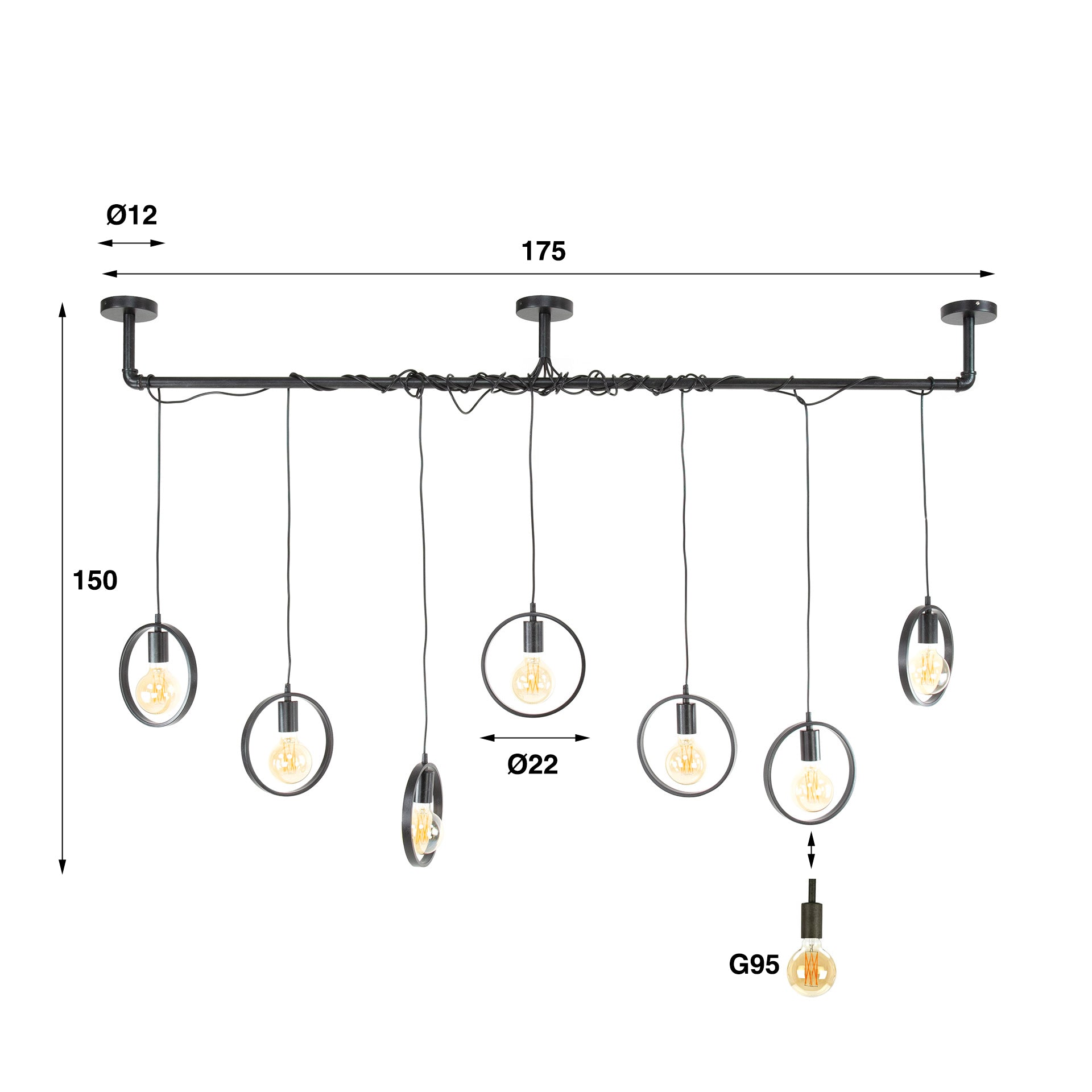 Hanglamp Casey - 7-lichts - Antraciet - Metaal