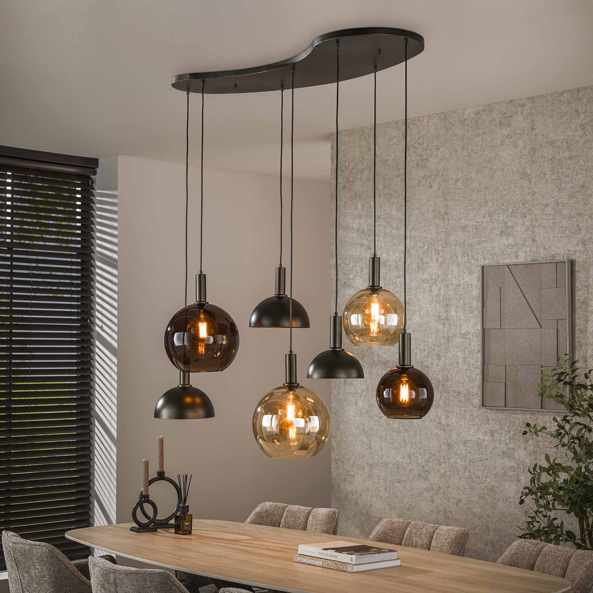 Hanglamp Elaris - 7-lichts - Amber Mix - Glas - Metaal