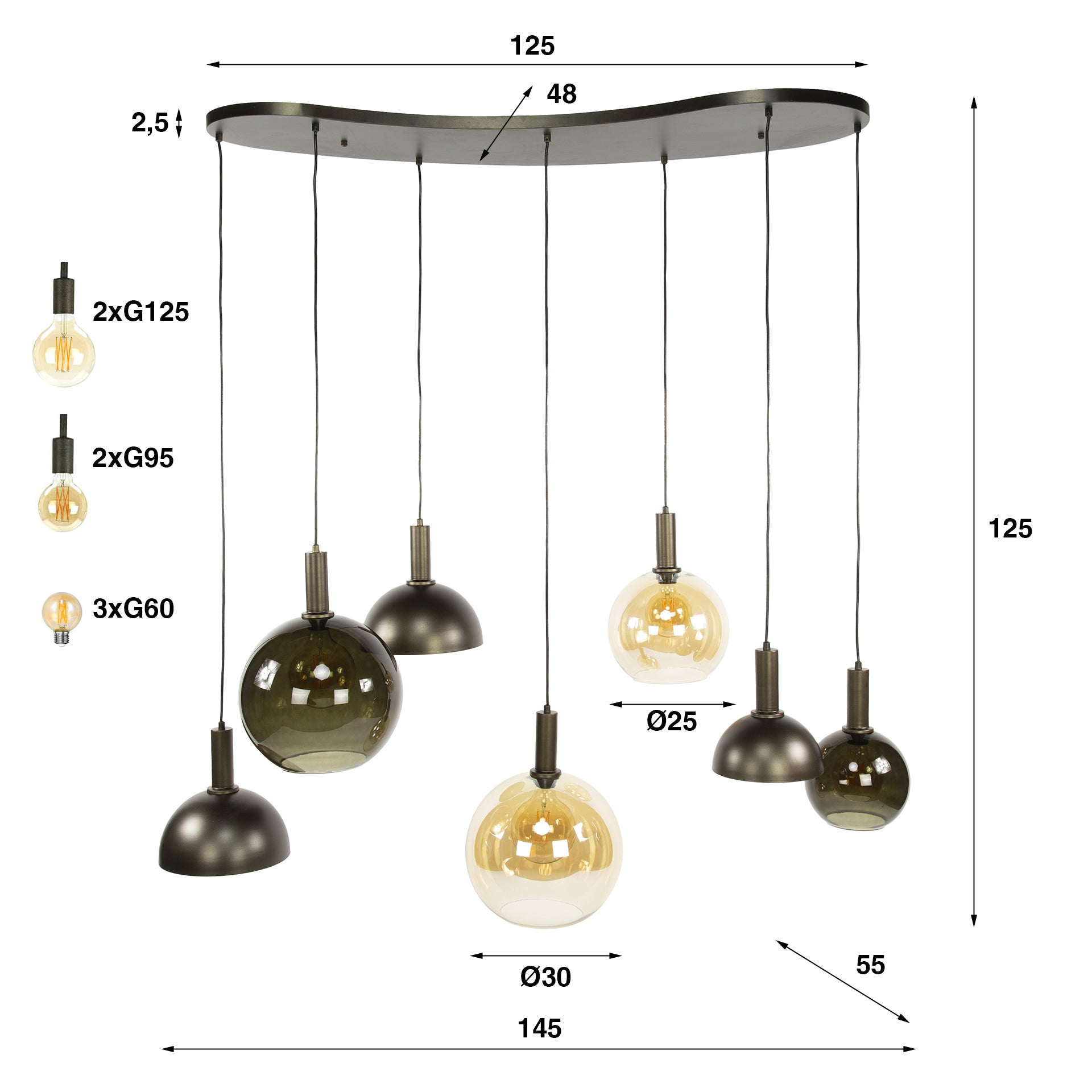 Hanglamp Elaris - 7-lichts - Amber Mix - Glas - Metaal
