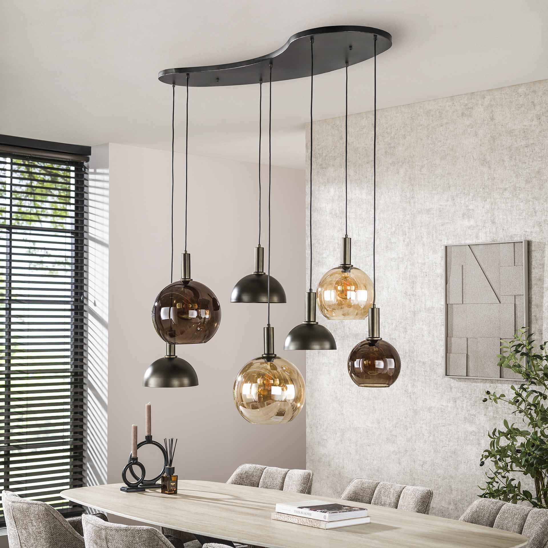 Hanglamp Elaris - 7-lichts - Amber Mix - Glas - Metaal