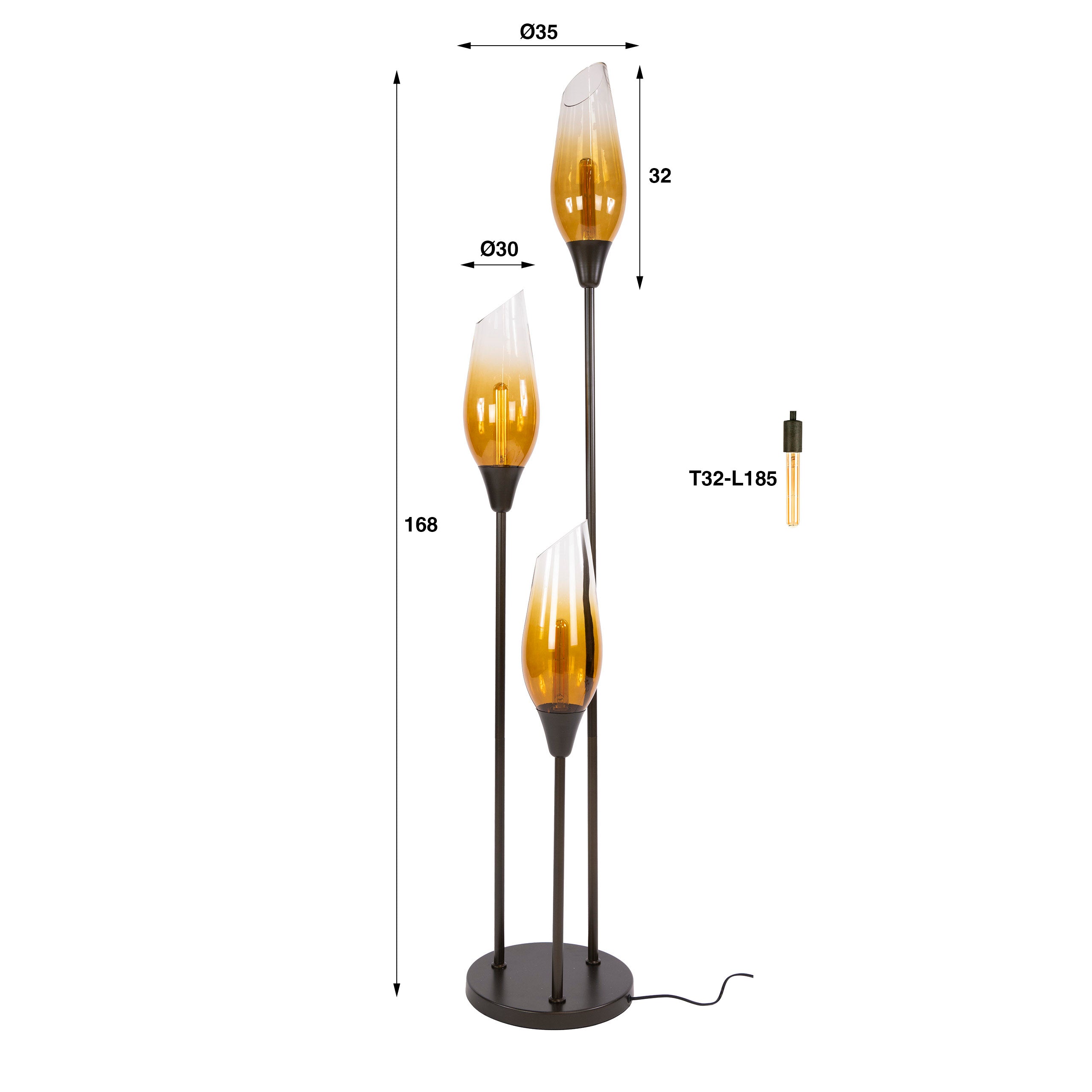 Vloerlamp Alune - 3-lichts - Brons - Amberglas - 168 cm