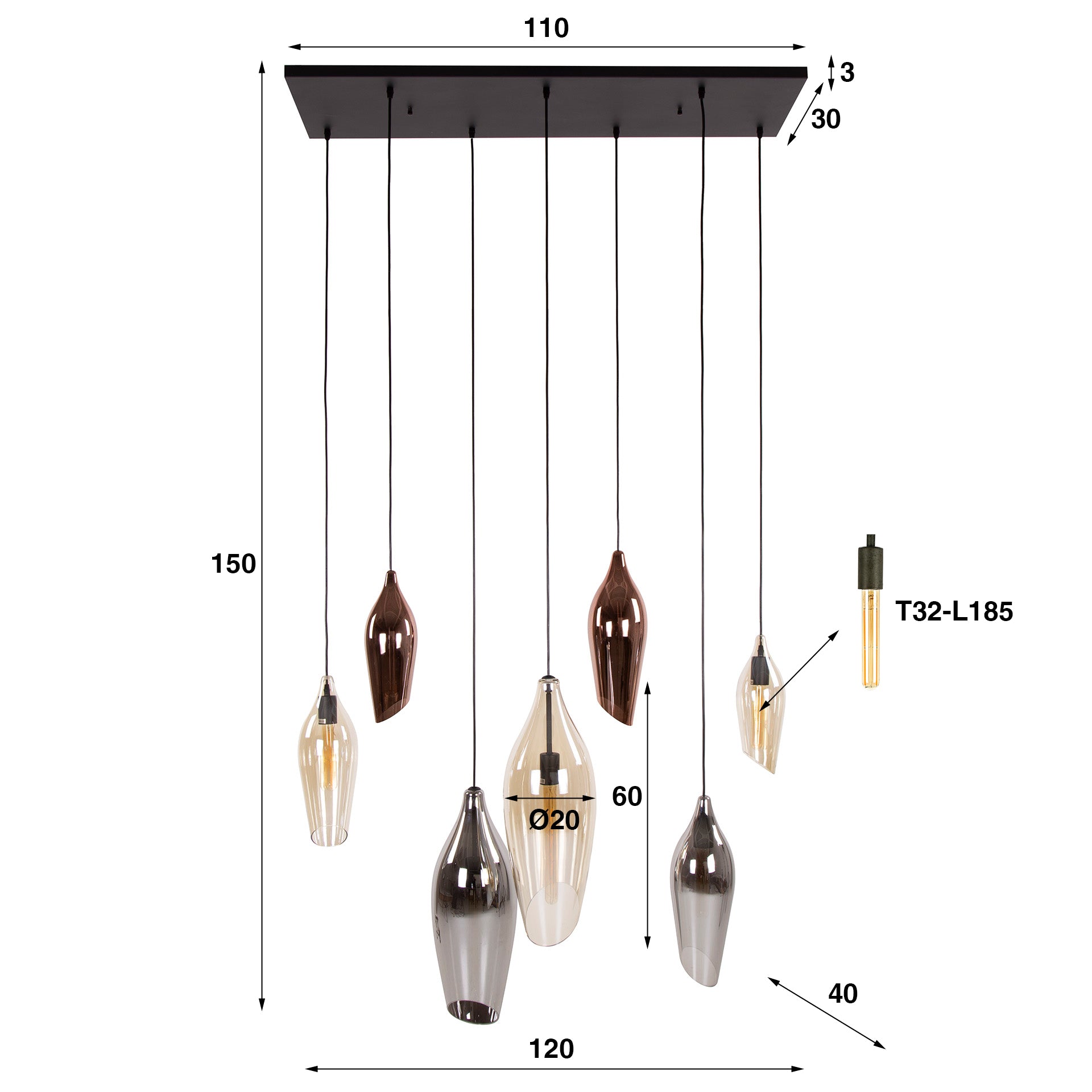 Hanglamp Vivid - 9-lichts - Amber Mix - Glas