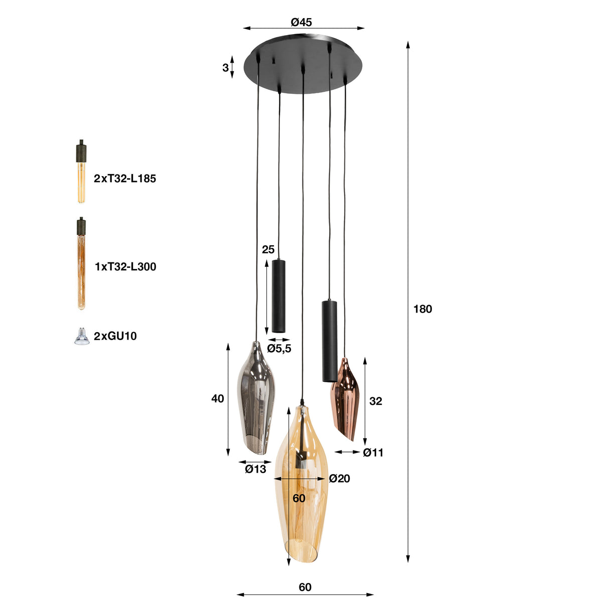 Hanglamp Alune 5-lichts Mix Glas Getrapt Met Spots maatvoering Meubelista