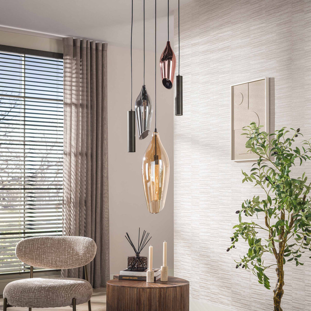 Hanglamp Alune 5-lichts Mix Glas Getrapt Met Spots aanzicht 2 Meubelista