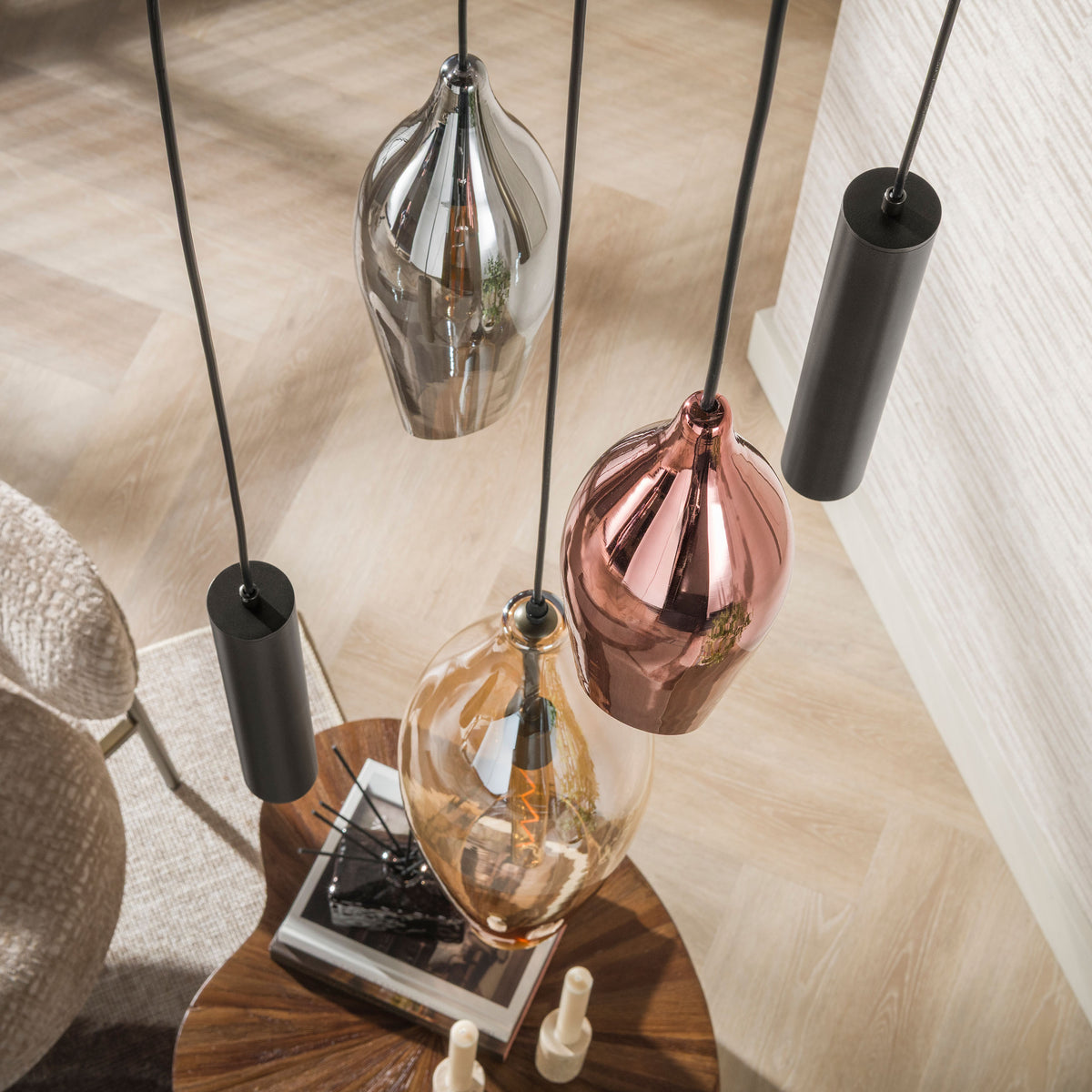 Hanglamp Alune 5-lichts Mix Glas Getrapt Met Spots aanzicht 3 Meubelista