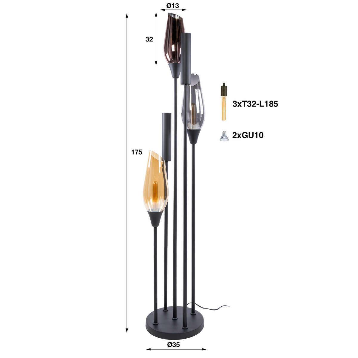 Vloerlamp Alune - 5-lichts - Mix - Glas - 178 cm - Met Spots