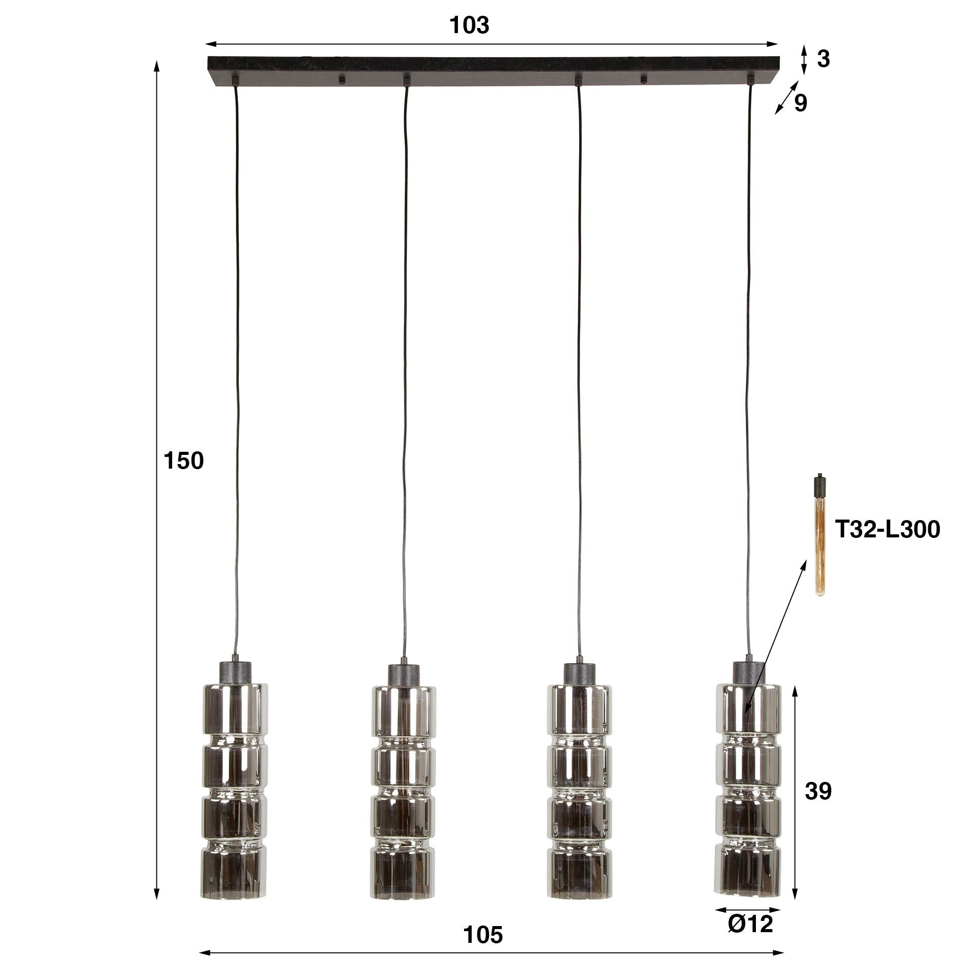 Hanglamp Fusion - 4-lichts - Chrome - Glas