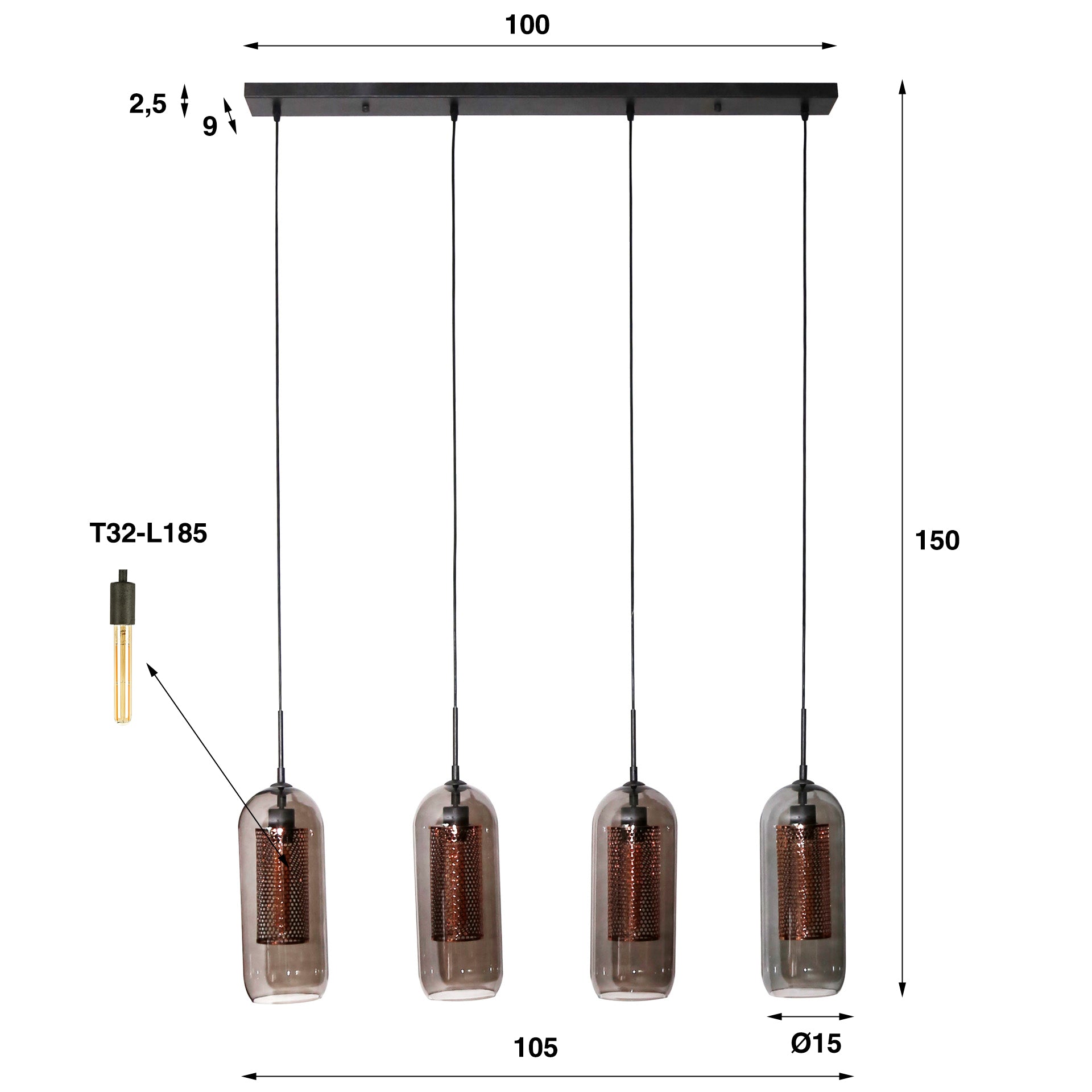 Hanglamp Orion - 4-lichts - Smoke - Glas