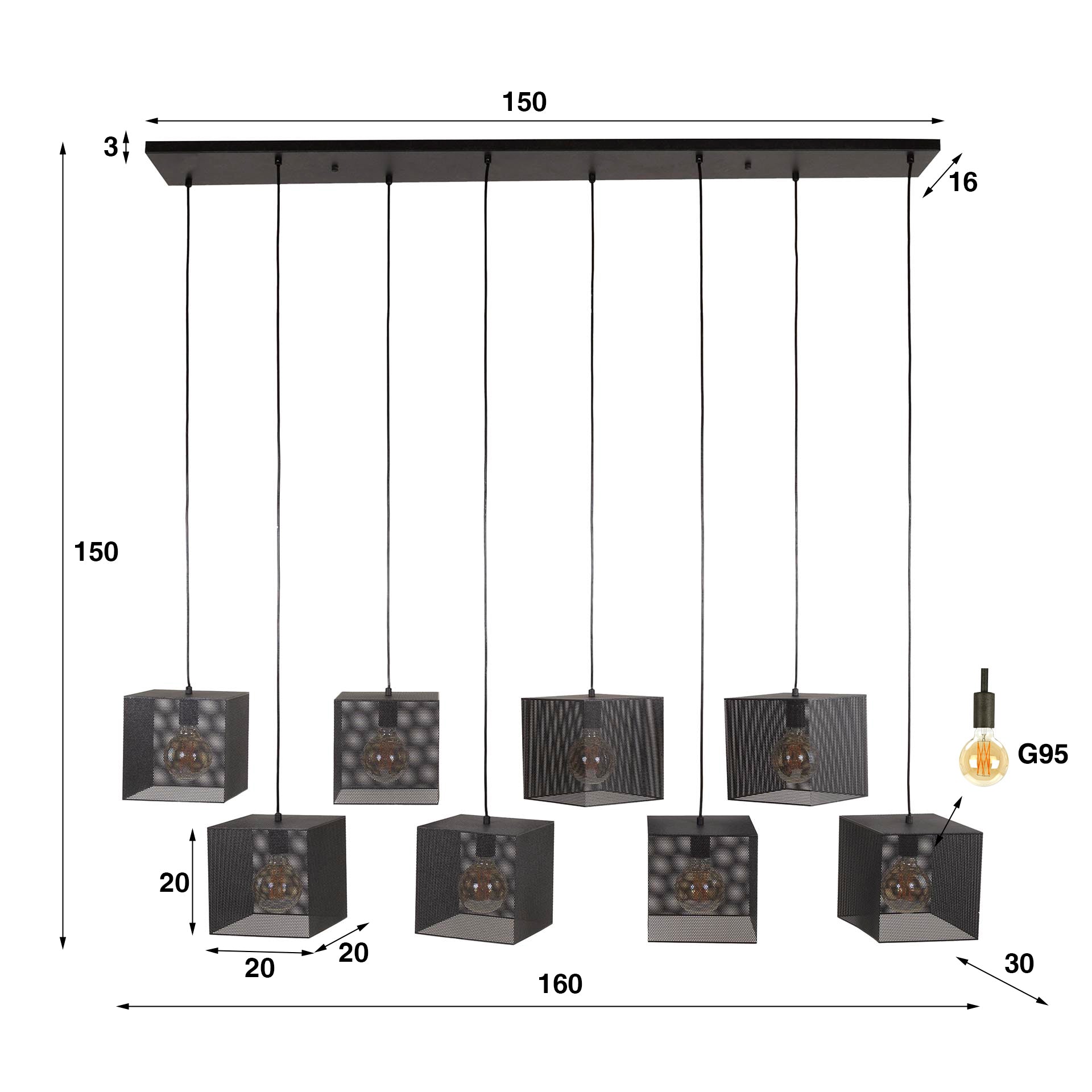 Hanglamp Weave - 8-lichts - Zwart - Mesh