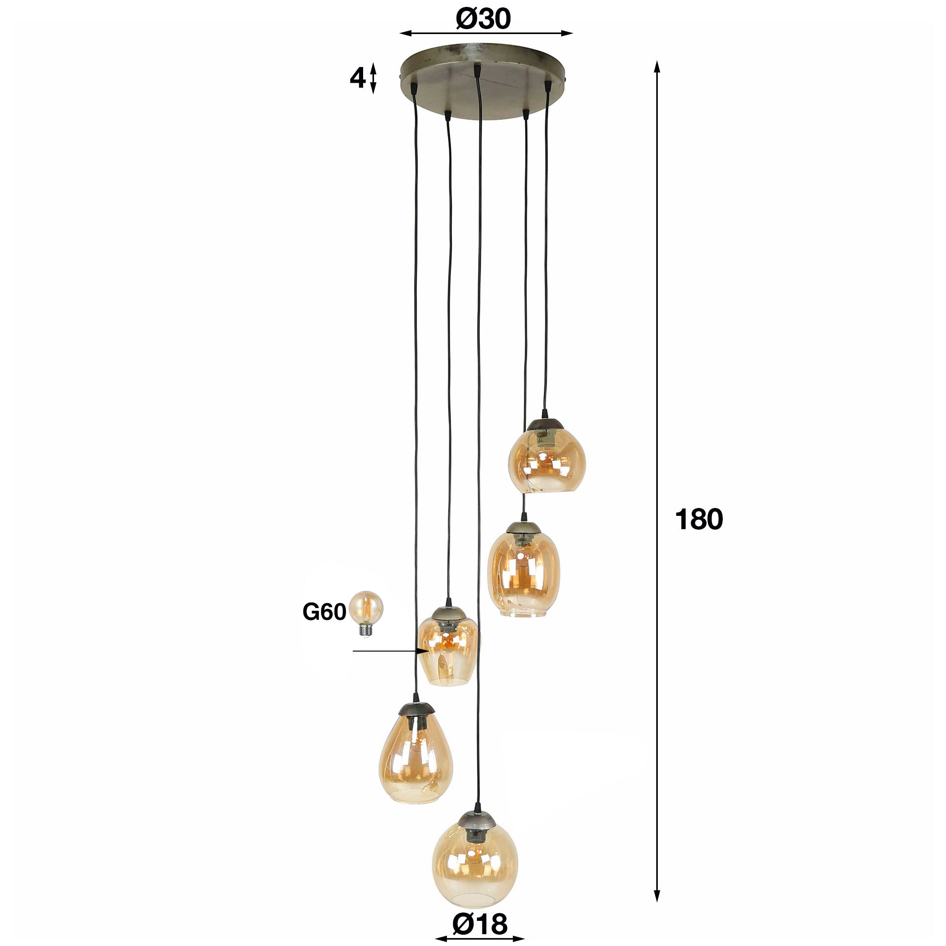 Hanglamp Navi - 5-lichts - Amberkleurig - Glas