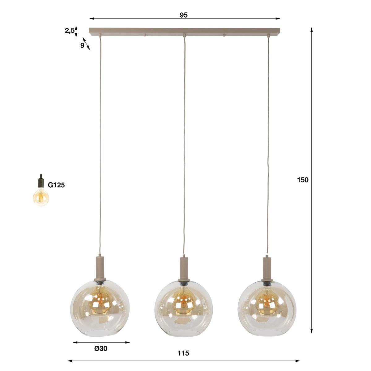 Hanglamp Sira - 3-lichts - Beige - Amberglas