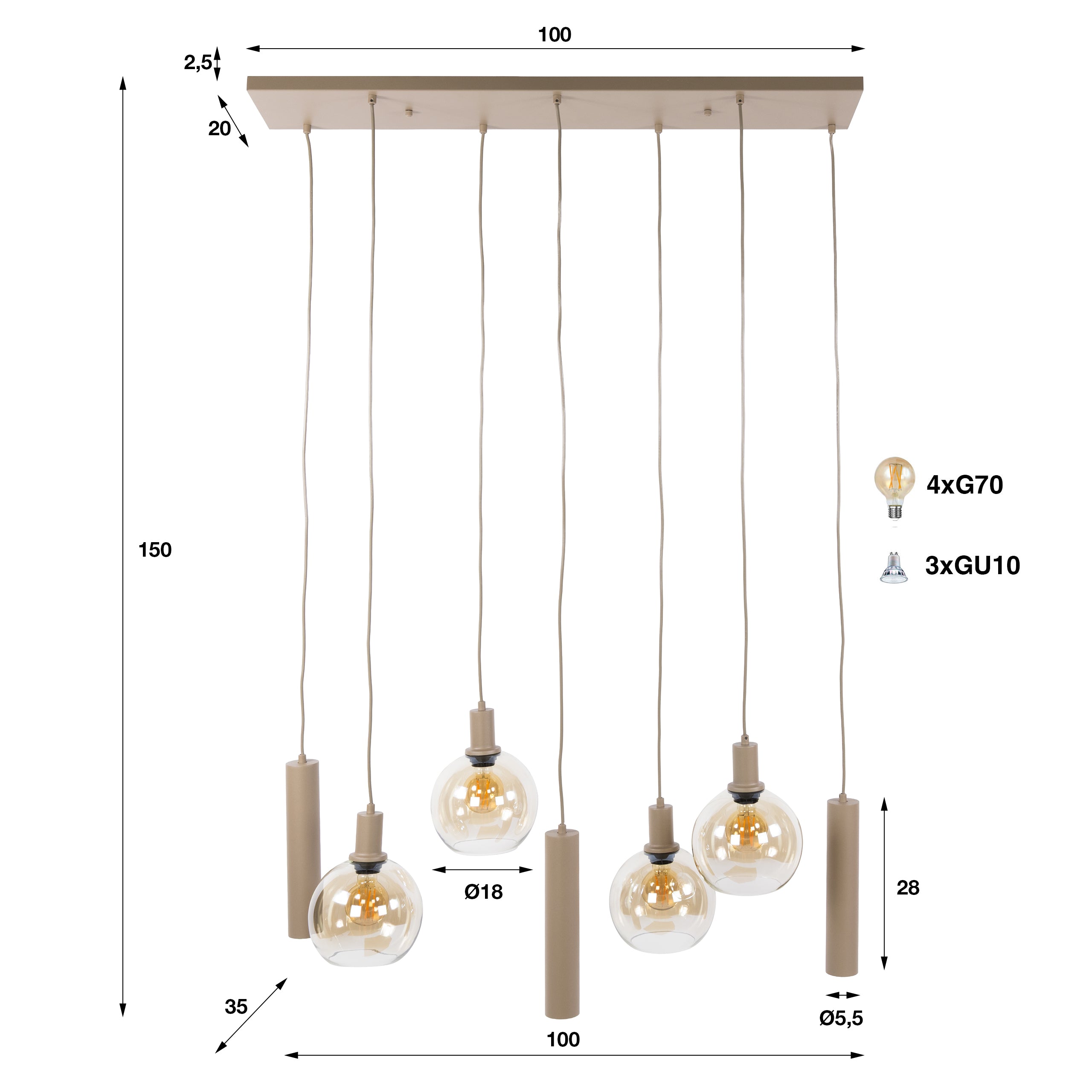 Hanglamp Luneo - 7-lichts - Beige - Amberlas - Met Spots