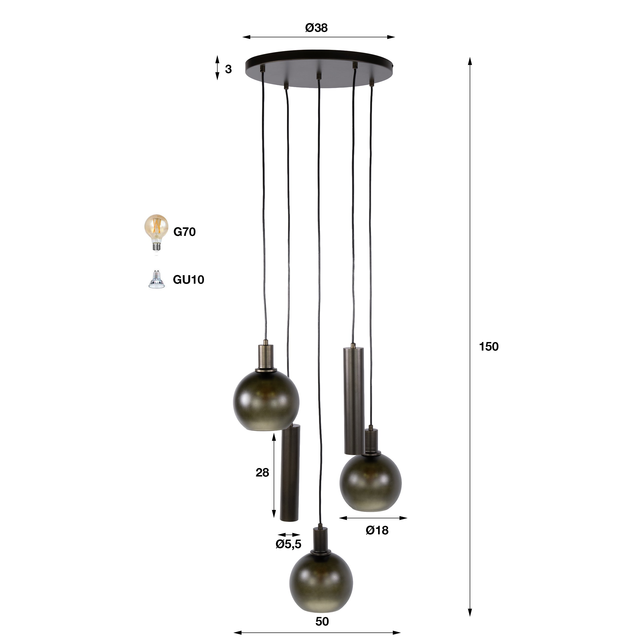 Hanglamp Luneo - 5-lichts - Brons - Matglas - Getrapt - Met Spots