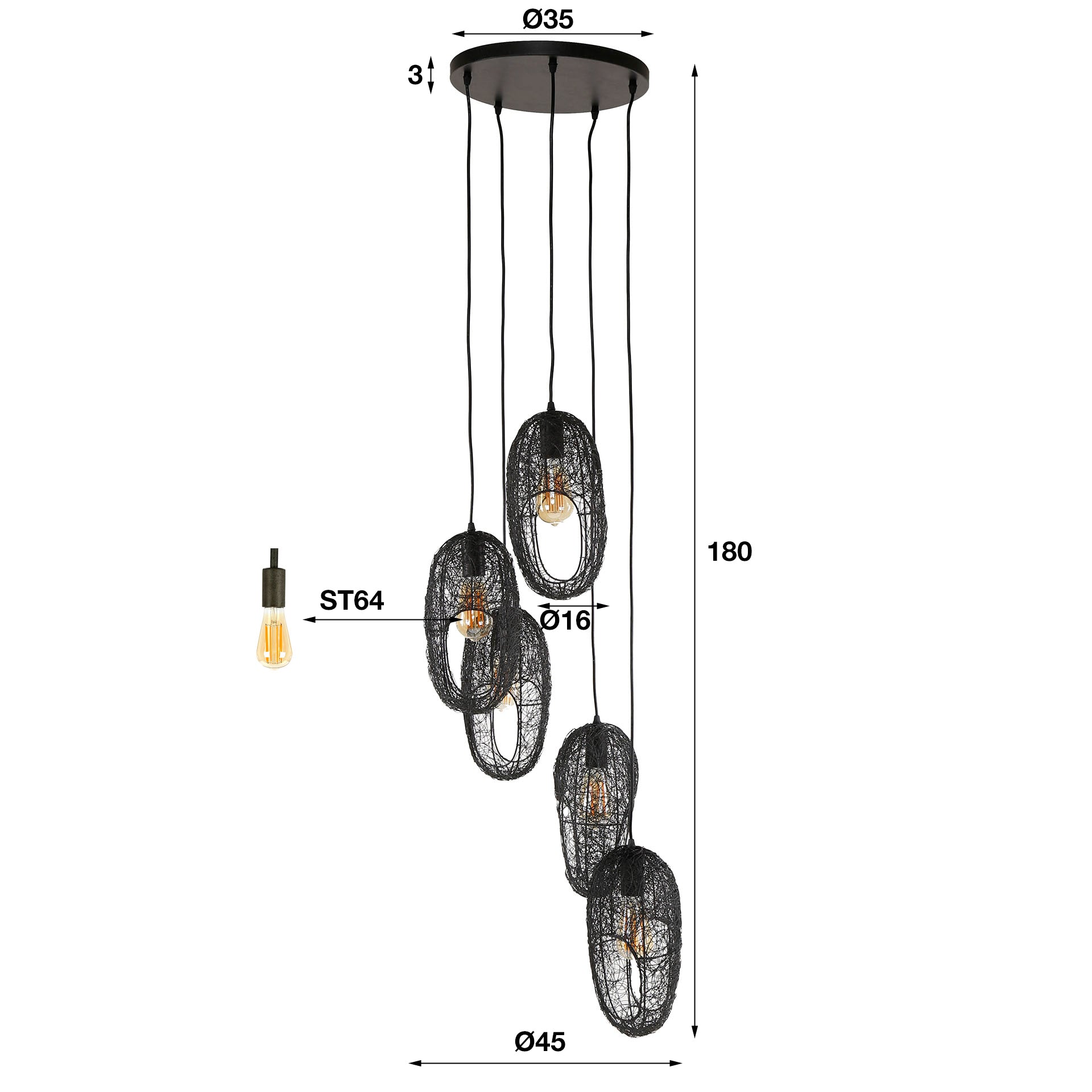 Hanglamp Roslyn - 5-lichts - Zwart - Mesh