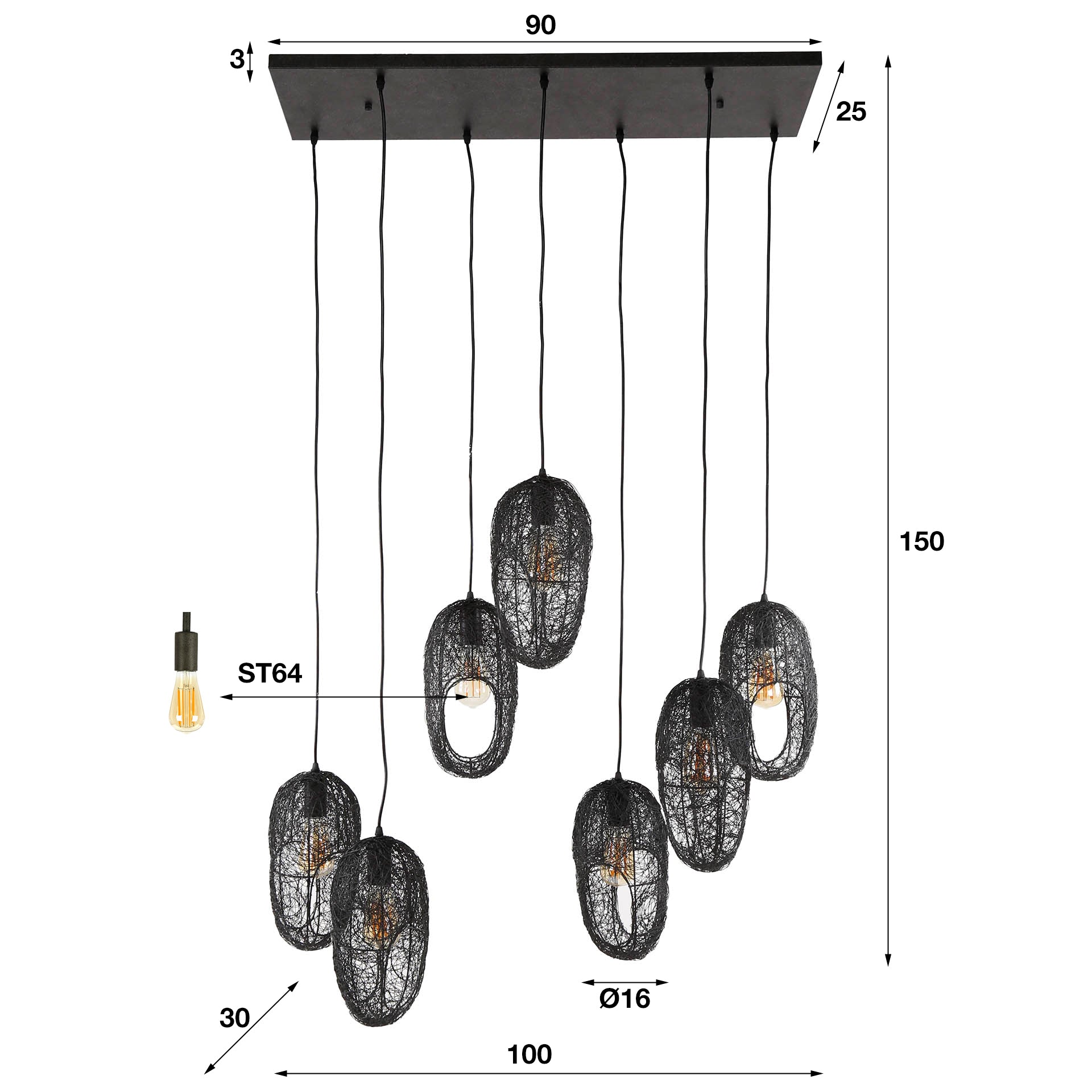 Hanglamp Quin - 7-lichts - Zwart - Mesh