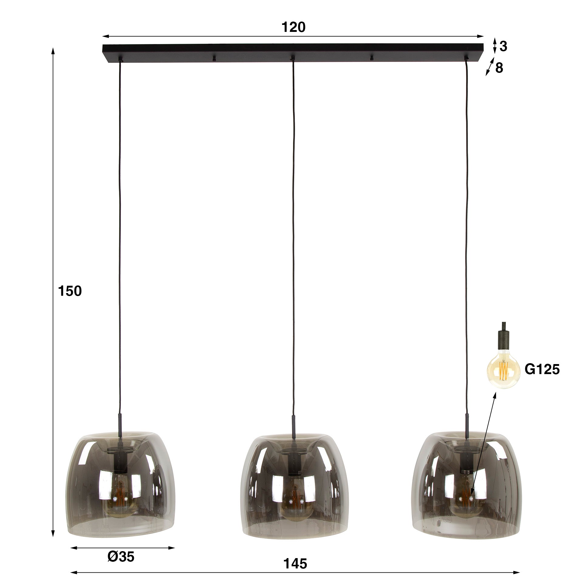 Hanglamp Lunaris - 3-lichts - Smoke - Glas