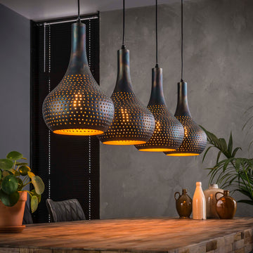Hanglamp Drew - 4-lichts - Zwart/Bruin - Metaal