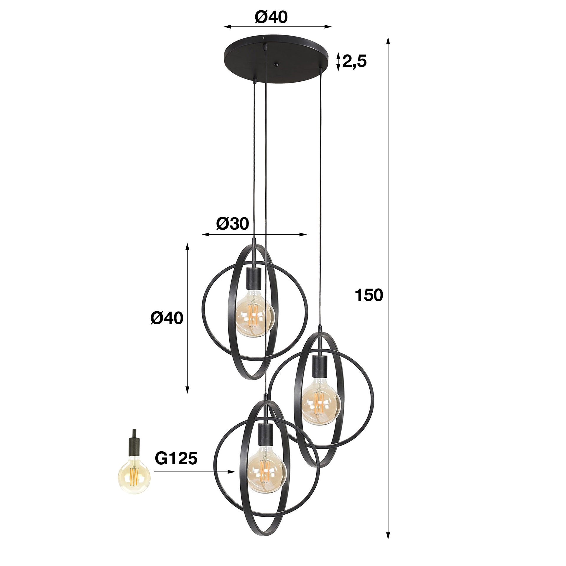 Hanglamp Gava - 3-lichts - Antraciet - Metaal