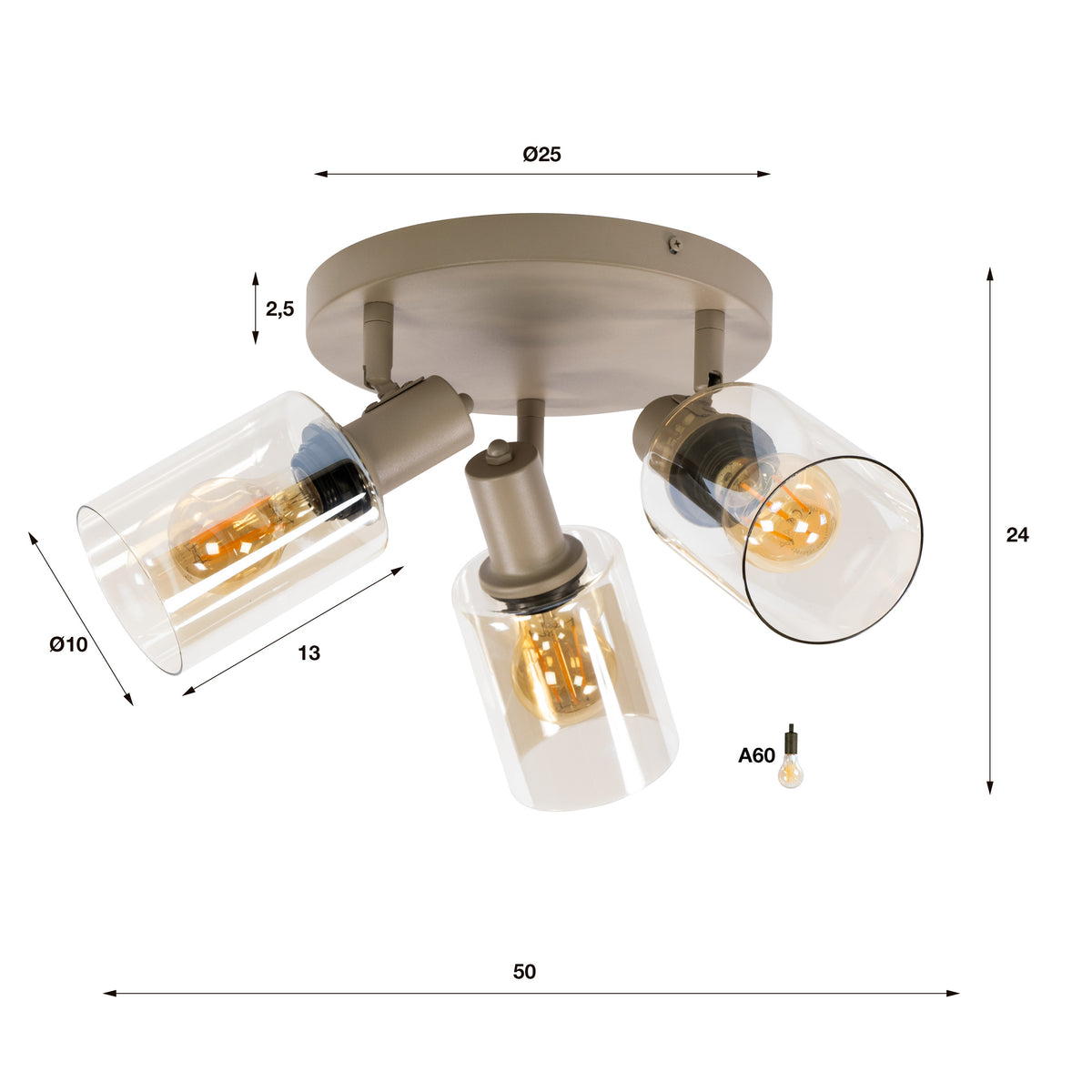 Plafondlamp Jaco - 3-lichts - Rond - Beige - Amberglas