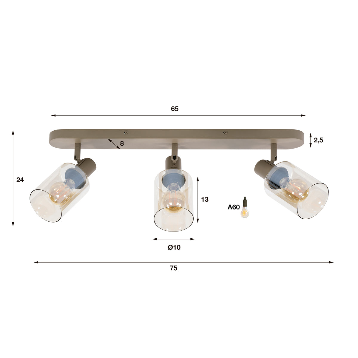Plafondlamp Jaco - 3-lichts - Beige - Amberglas