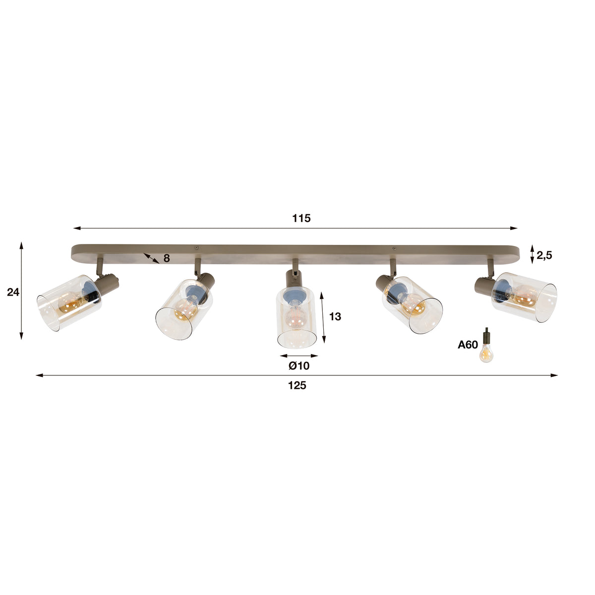 Plafondlamp Jaco - 5-lichts - Beige - Amberglas