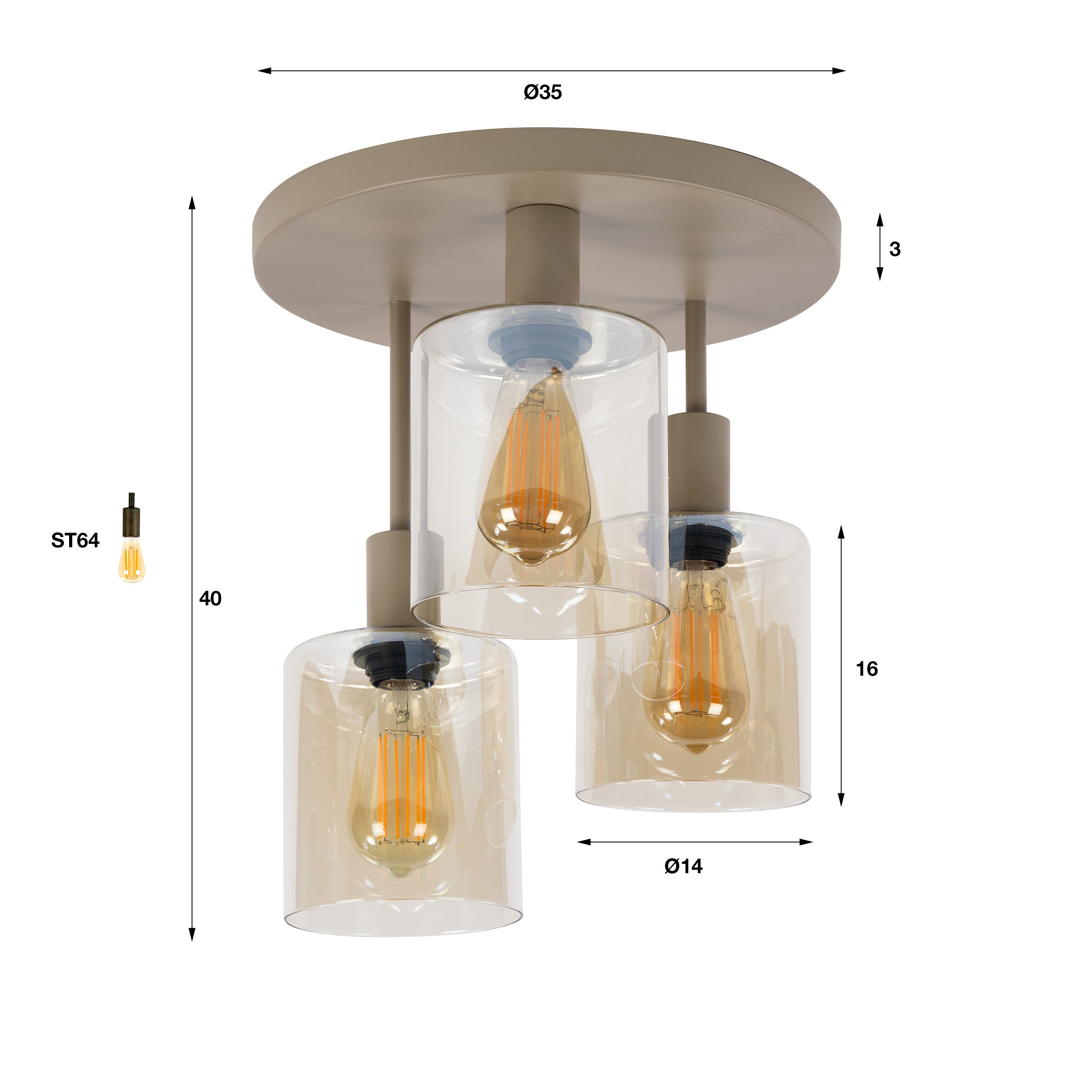 Plafondlamp Lucaro - 3-lichts - Beige - Amberglas