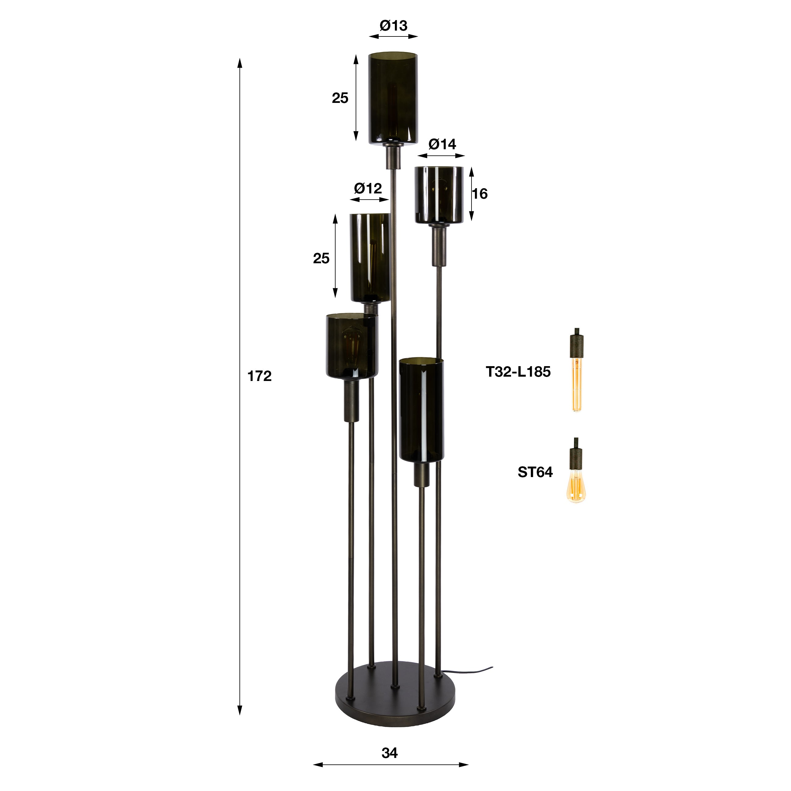 Vloerlamp Lucaro - 5-lichts - Brons - Glas