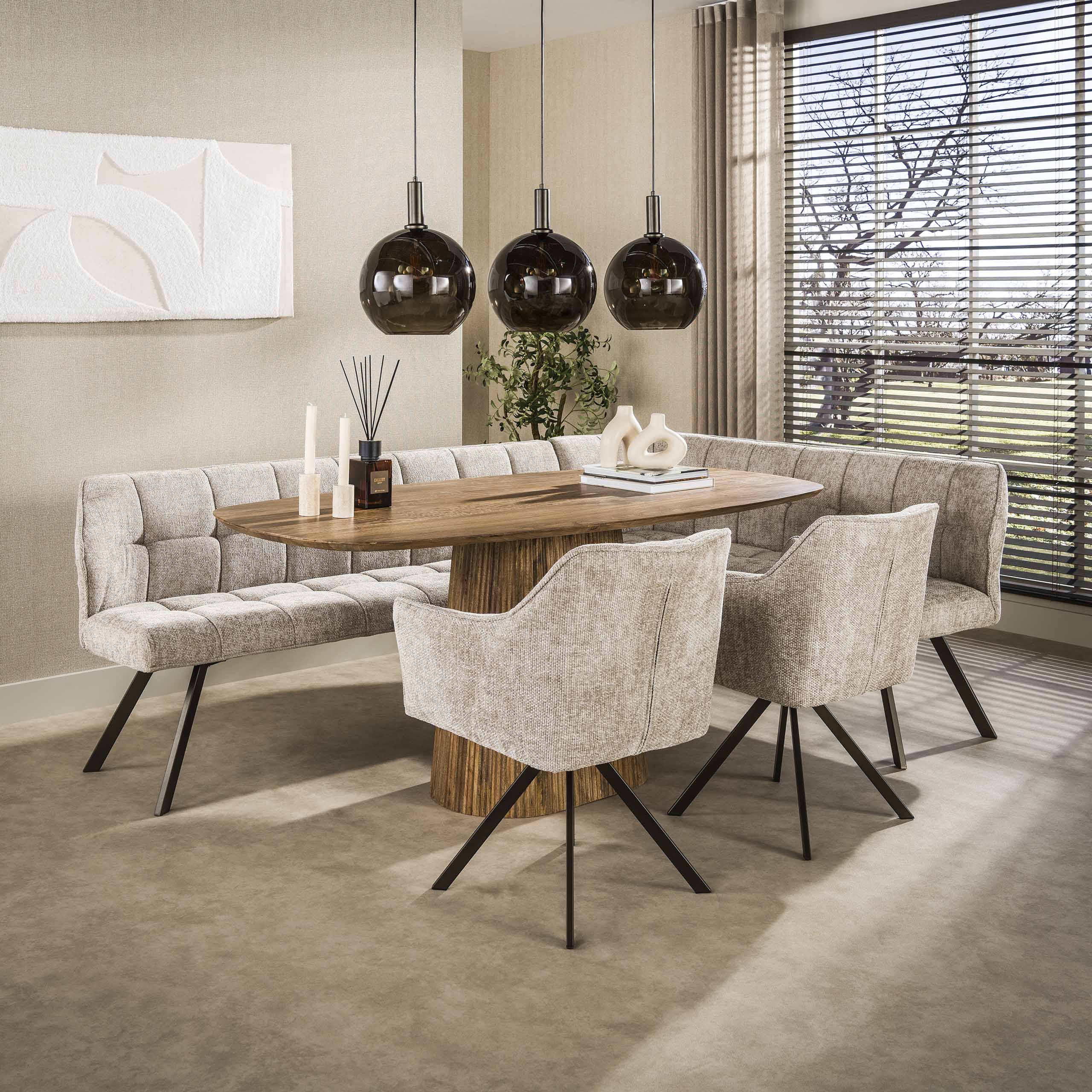Eetkamerbank Vantage Hoek Rechts Beige Renegade Stof 240 cm Met Eetkamerstoelen Meubelista