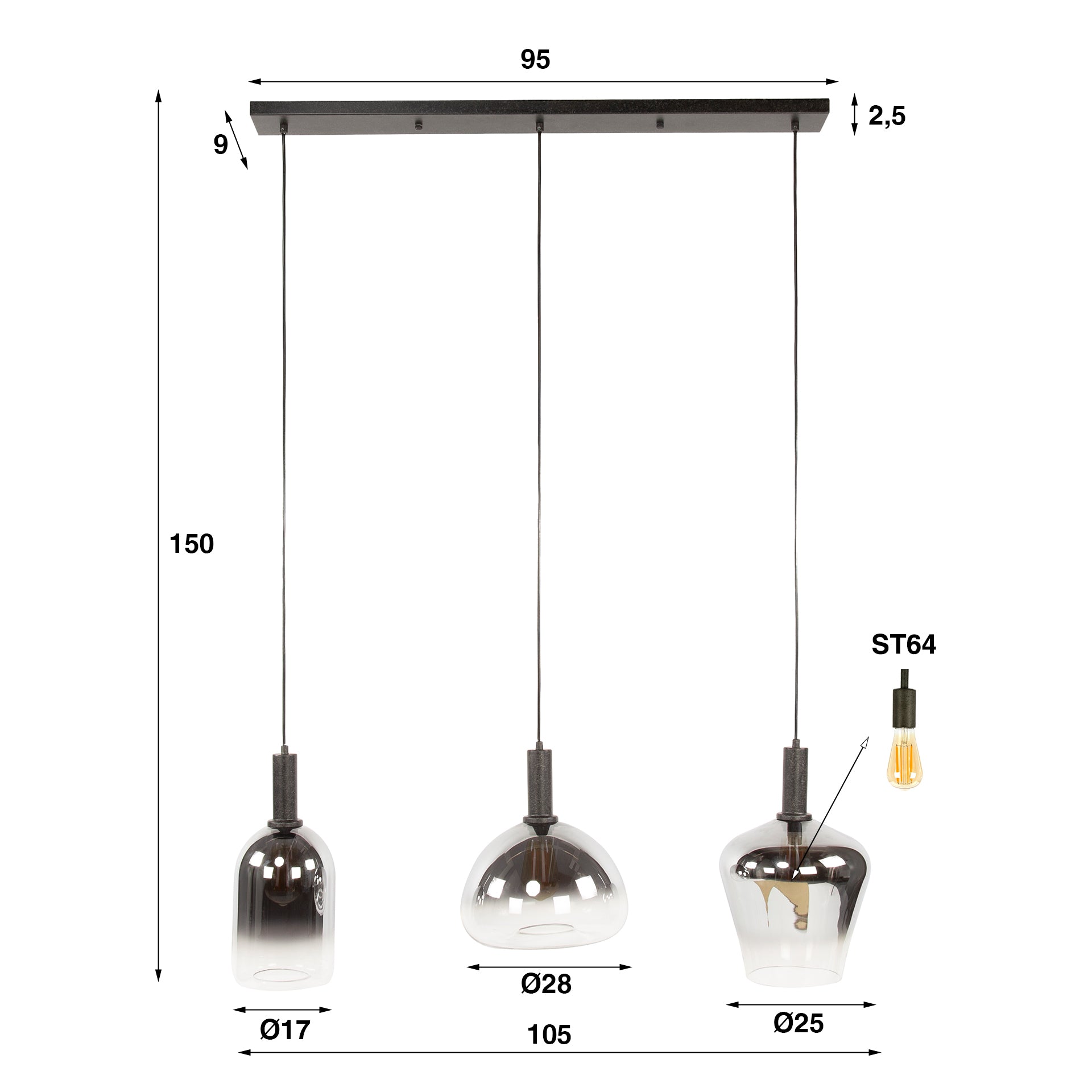Hanglamp Auralis 3-lichts Chrome Glas Meubelista Afmetingen