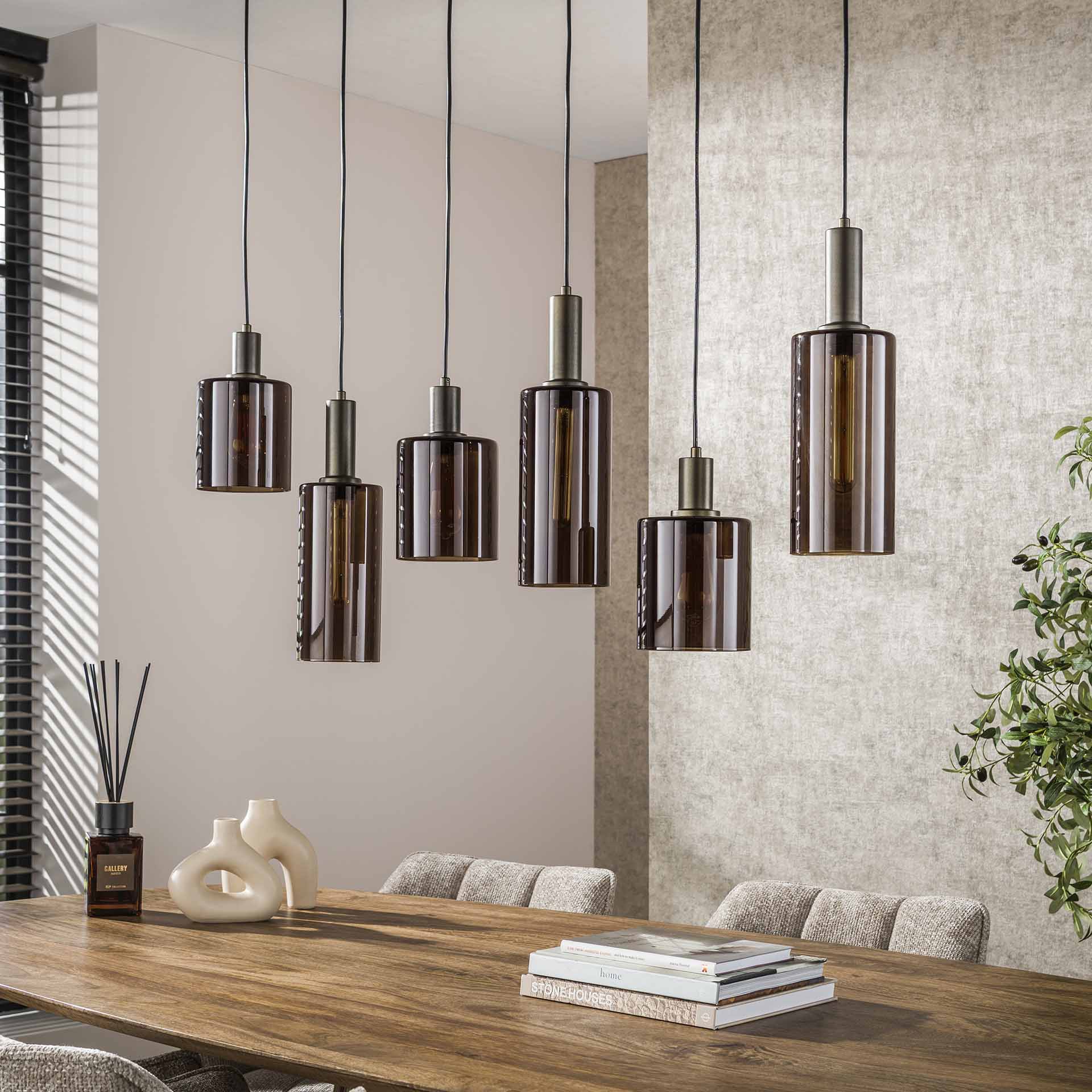Hanglamp Lucaro 6-lichts Brons Glas Meubelista Sfeerfoto Licht