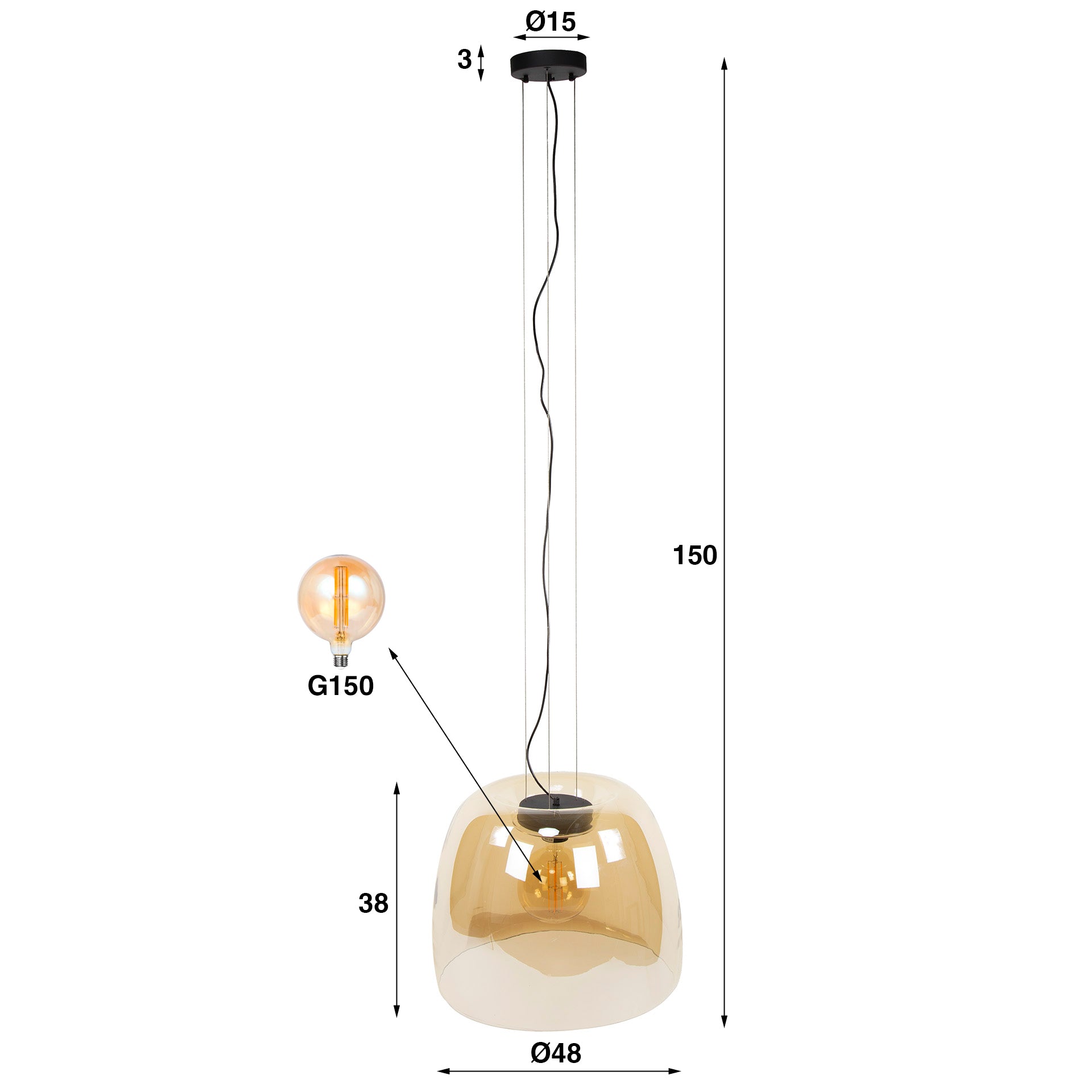 Hanglamp Lunaris XL 1-lichts Amberkleurig Glas Meubelista Afmetingen met Lichtbron