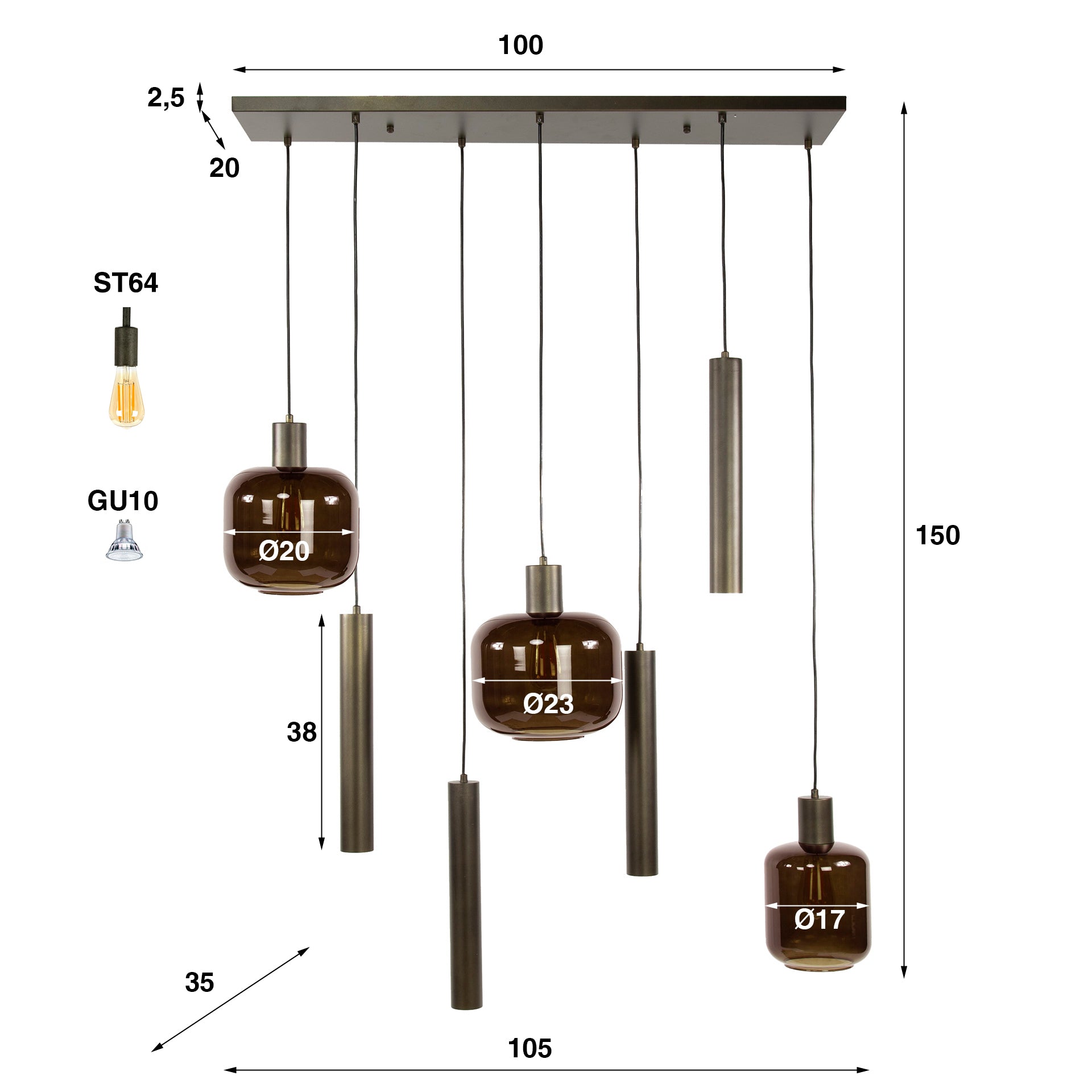 Hanglamp Selaro 7-lichts Brons Glas Metaal Meubelista Afmetingen