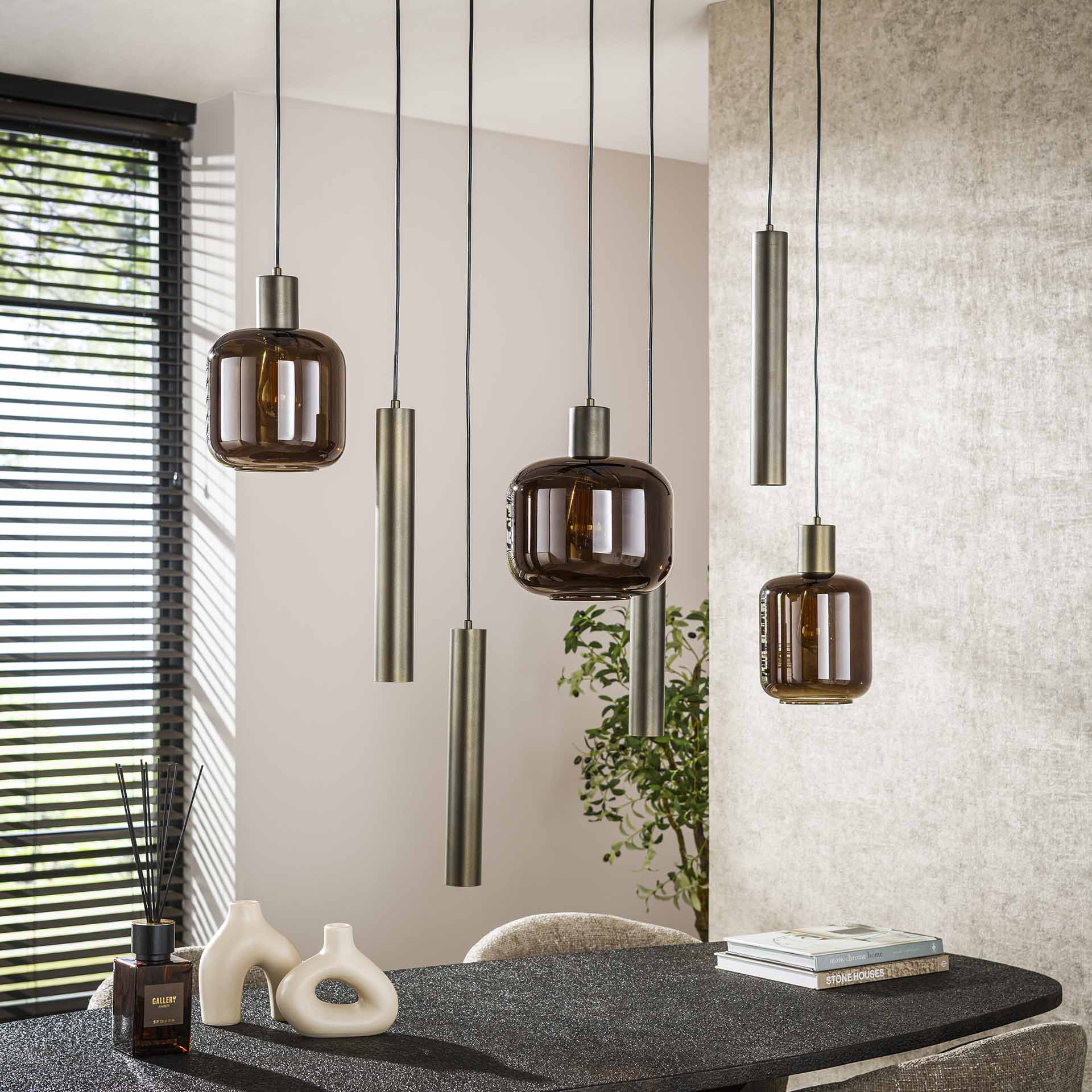 Hanglamp Selaro 7-lichts Brons Glas Metaal Meubelista Sfeerfoto Licht