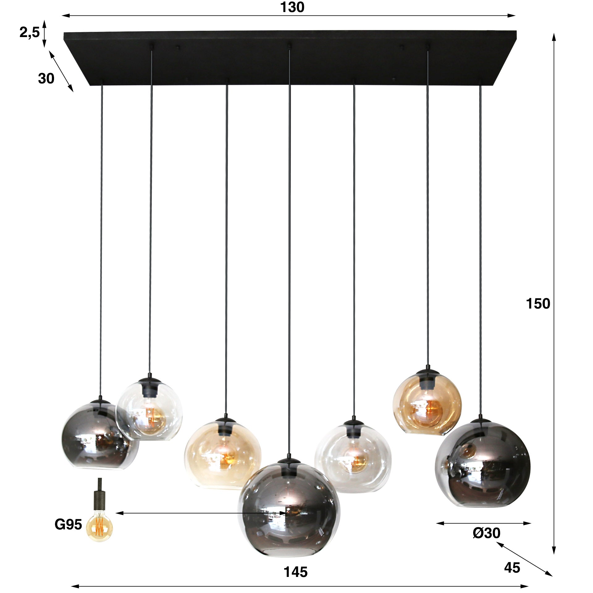 Hanglamp Trivano 7-lichts Amber Mix Glazen Bollen Meubelista Afmetingen