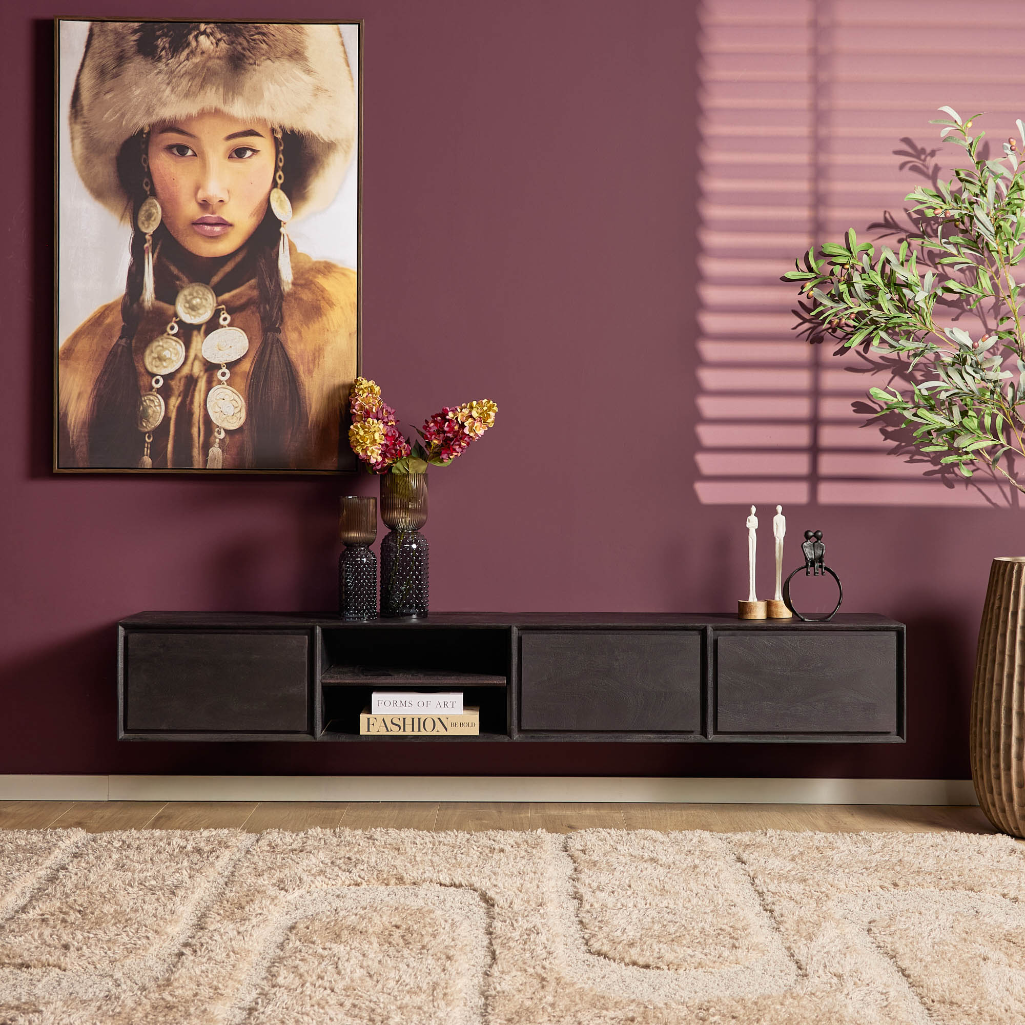 Zwevend TV-meubel Nivara - Zwart - 200 cm