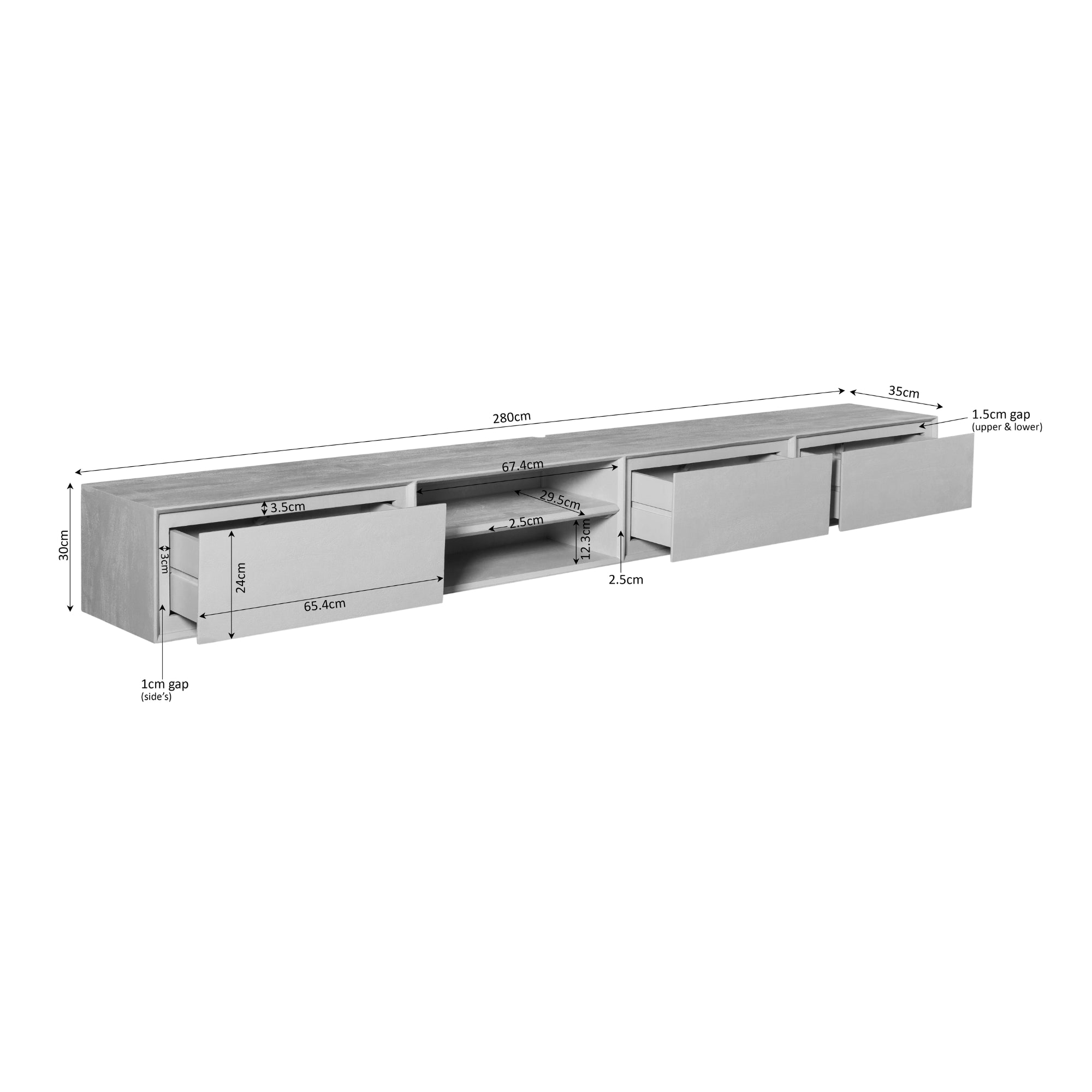 Zwevend TV-meubel Nivara - Zwart - 280 cm