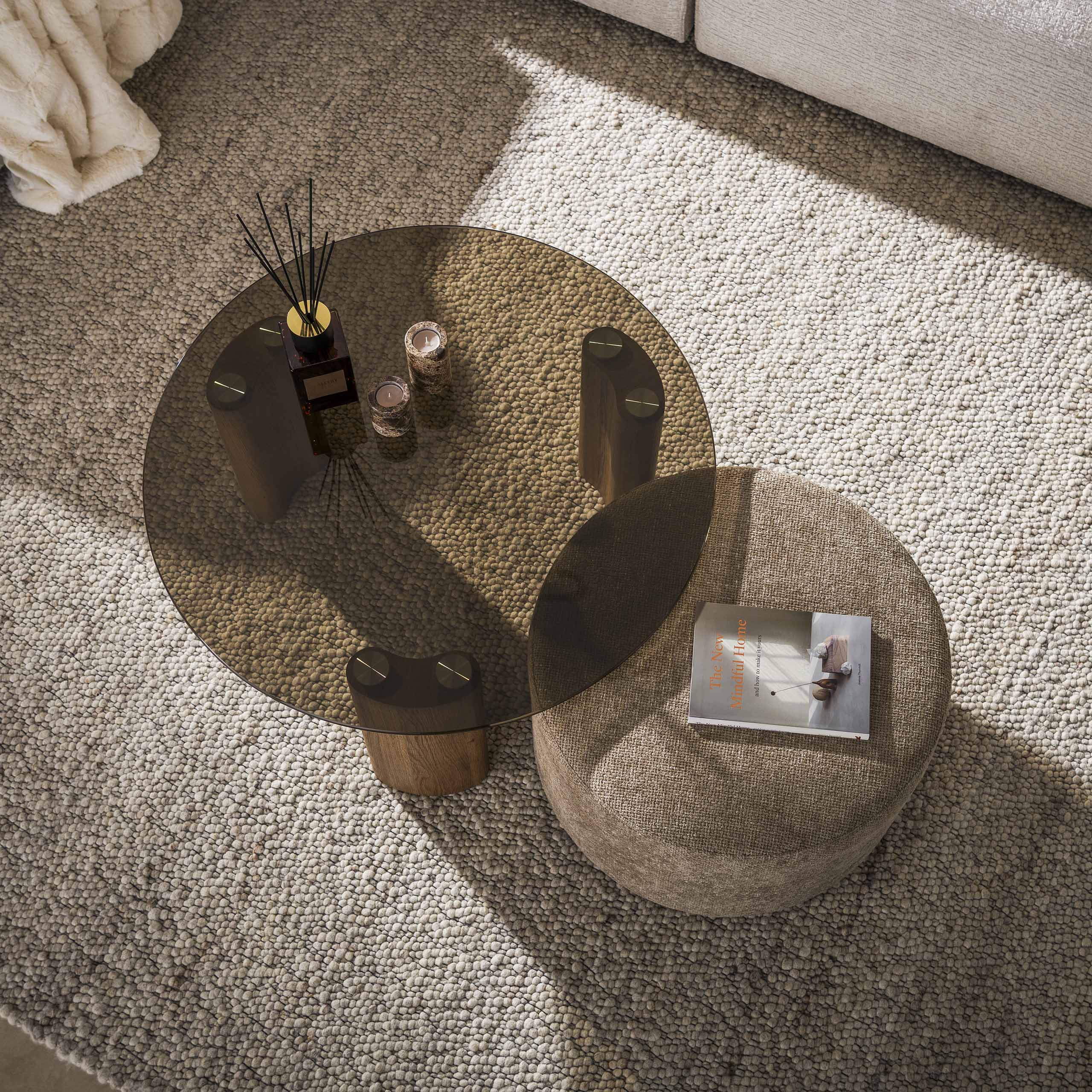 Salontafel Pooh Rond Brons Glas Set van 2 Met Poef Meubelista Bovenaanzicht