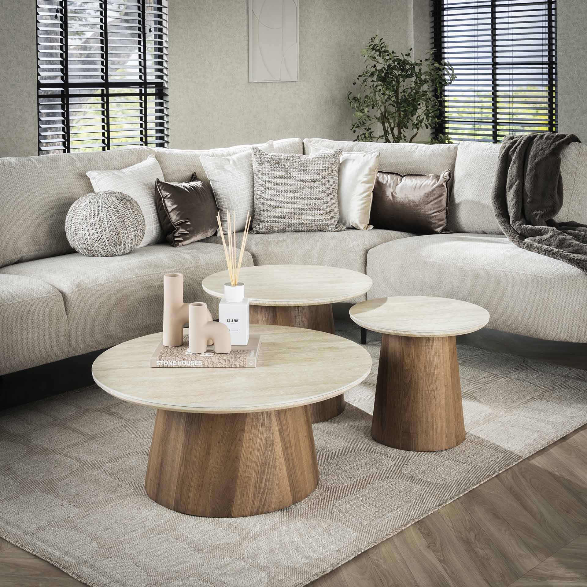 Salontafel Valero Rond Keramisch Travertijn Set van 3 Meubelista
