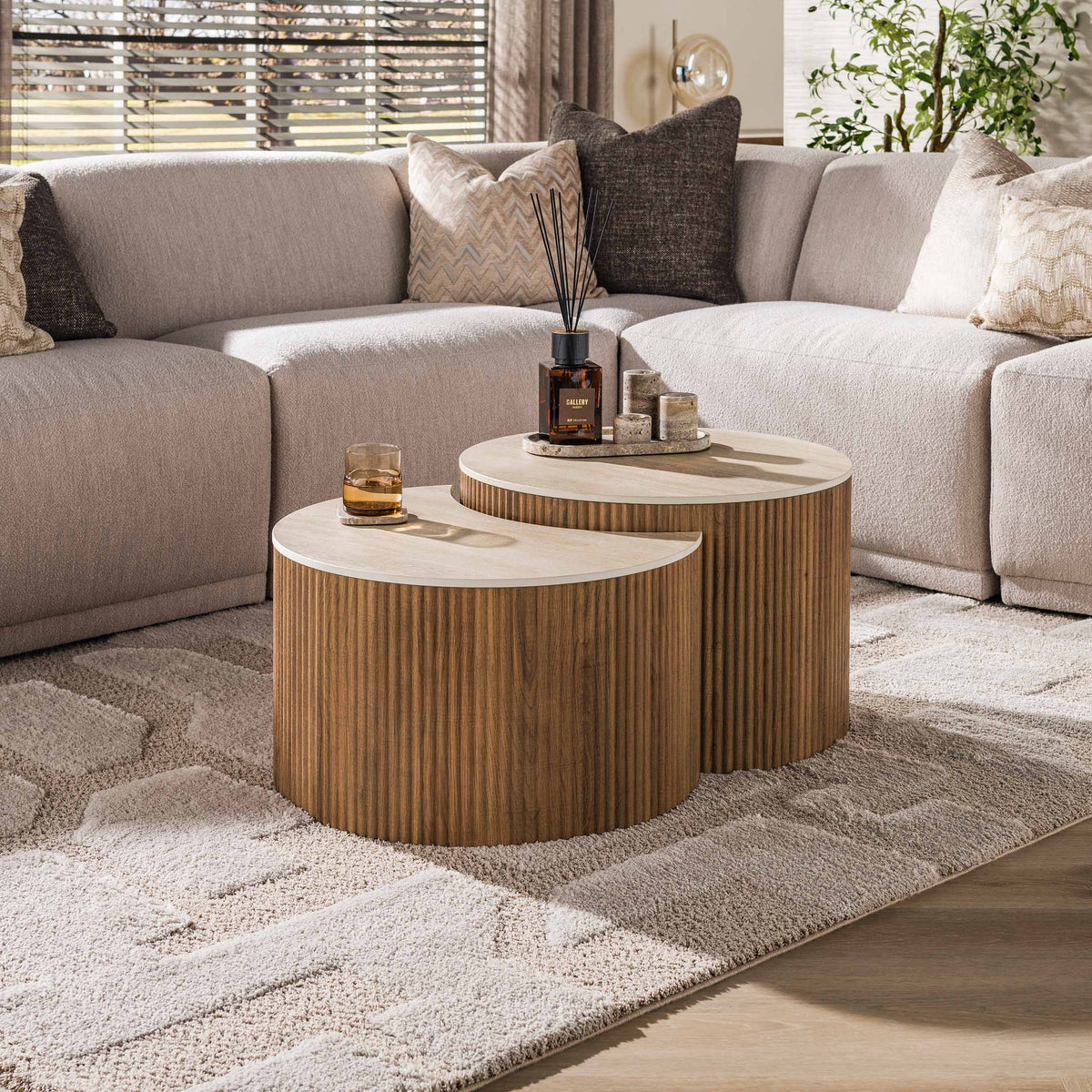 Salontafel Vianne Japandi Halfrond Keramisch Travertin Set van 2 Meubelista