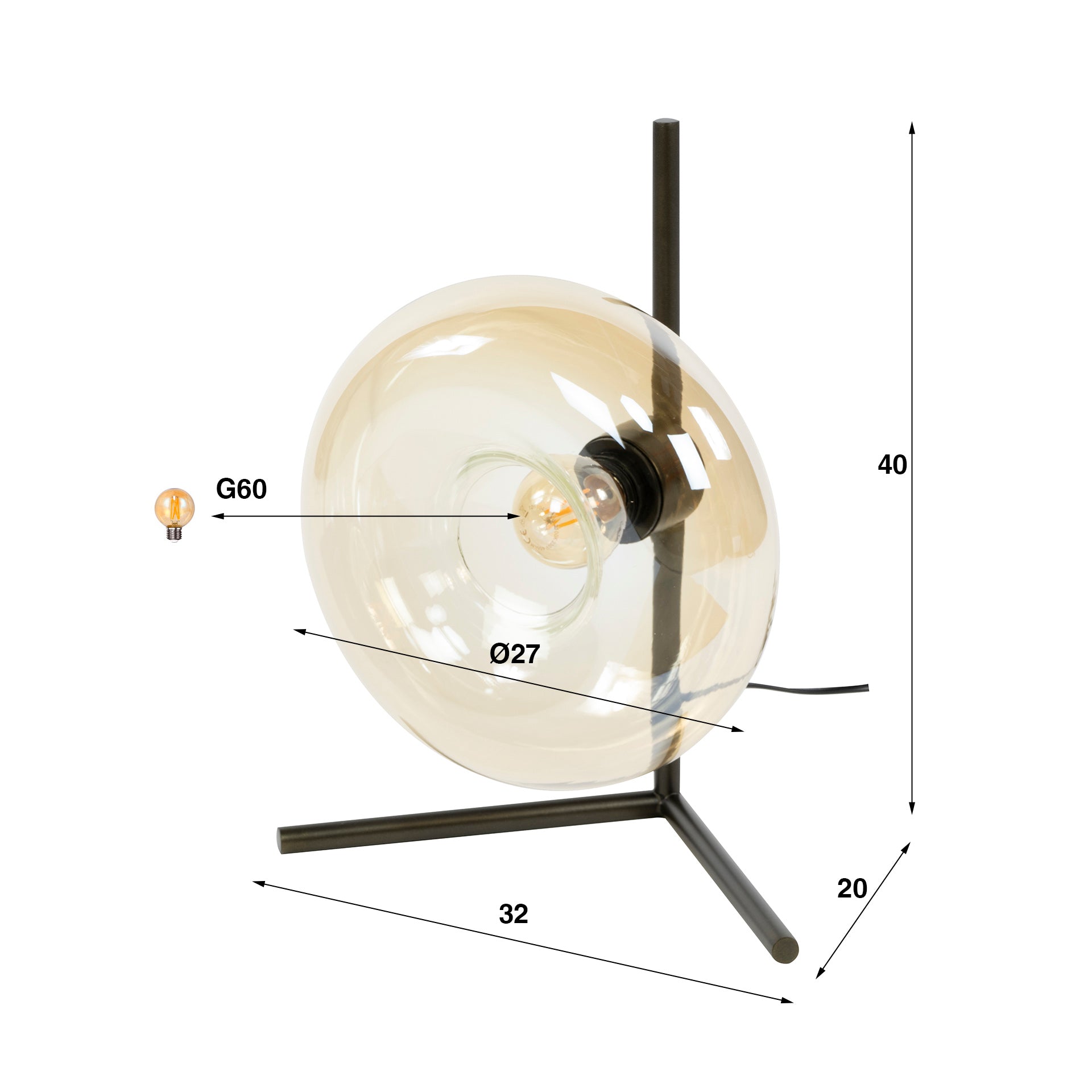 Tafellamp Donut 1-lichts Amberkleurig Glas Meubelista Afmetingen